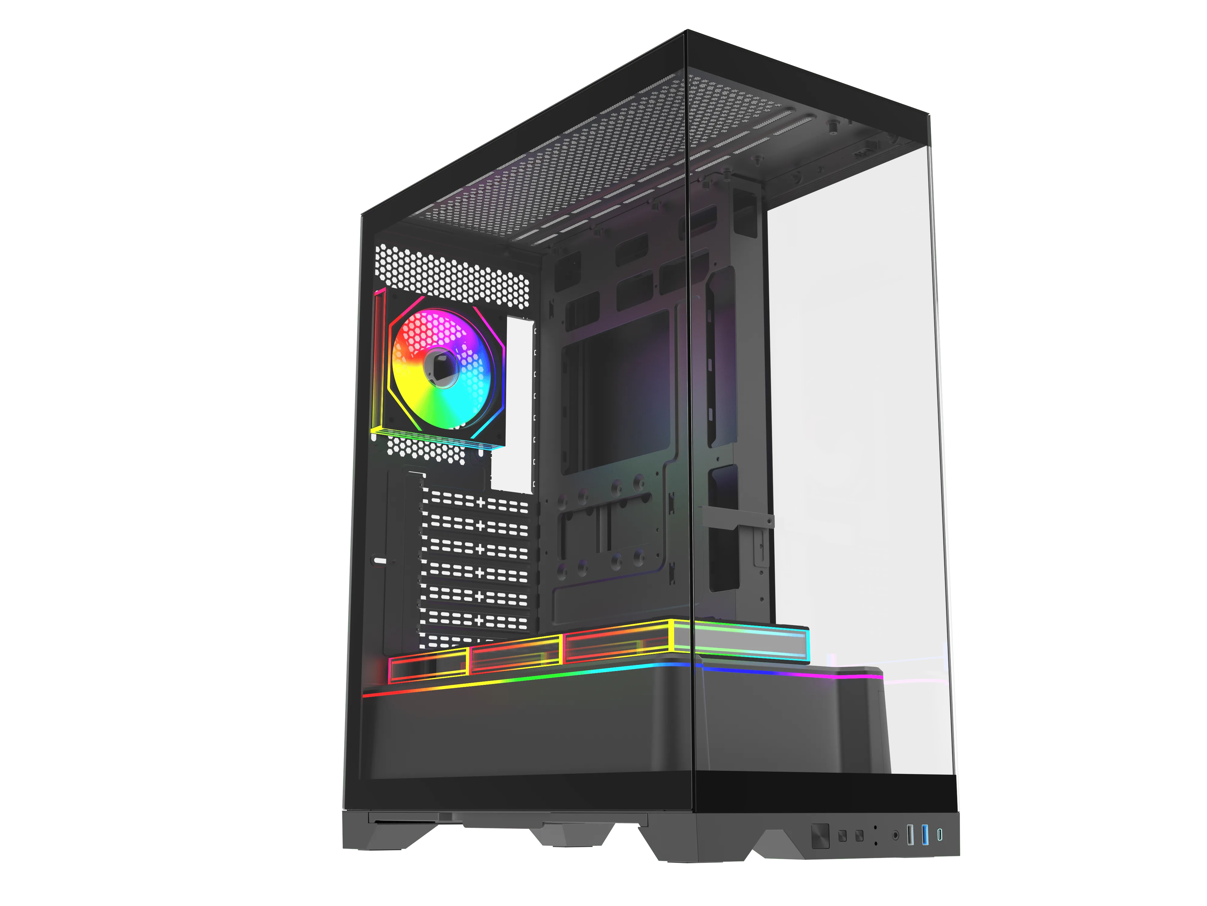 Siyah arka planda cam panellere, RGB fana ve ışıklı alt şeritlere sahip siyah bir PC kasası.
