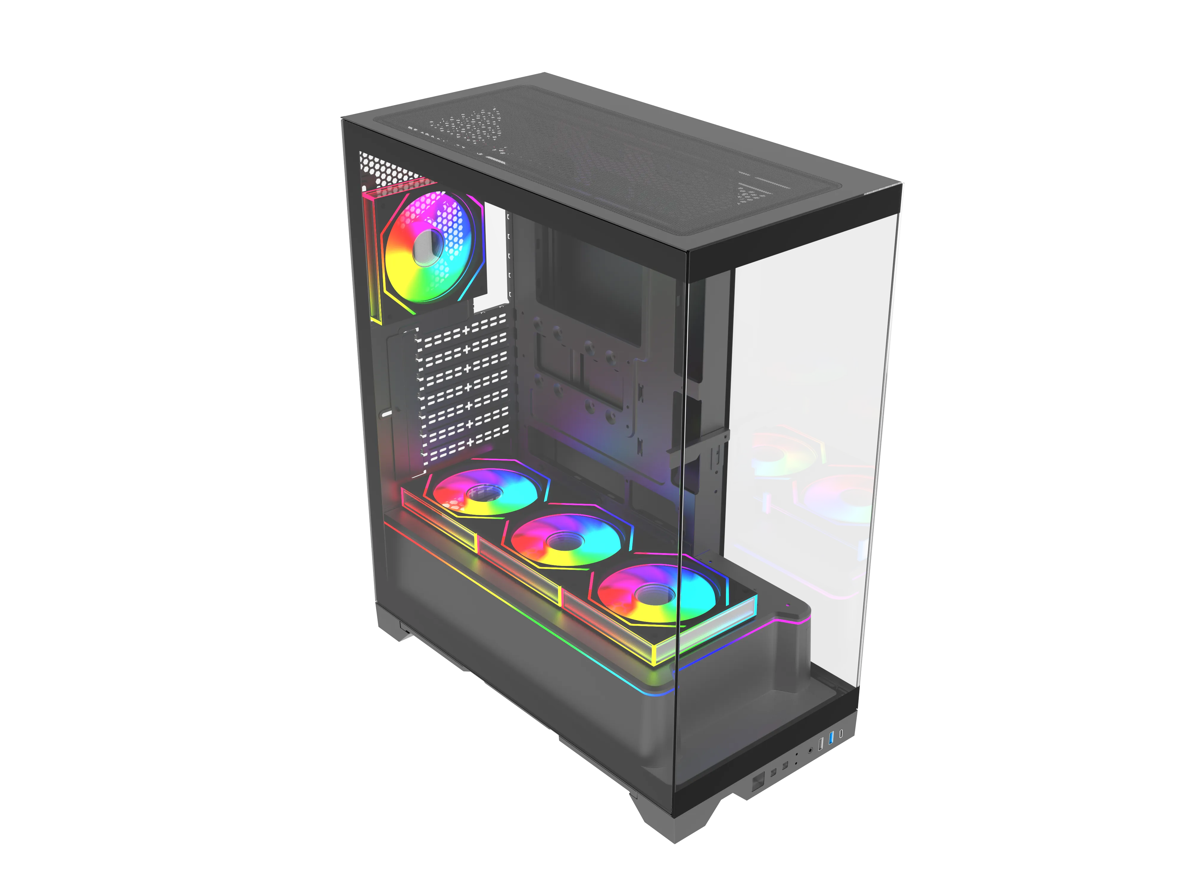 Siyah arka plan üzerinde, cam ön panelli ve içinde renkli RGB fanlar bulunan siyah bilgisayar kasası.