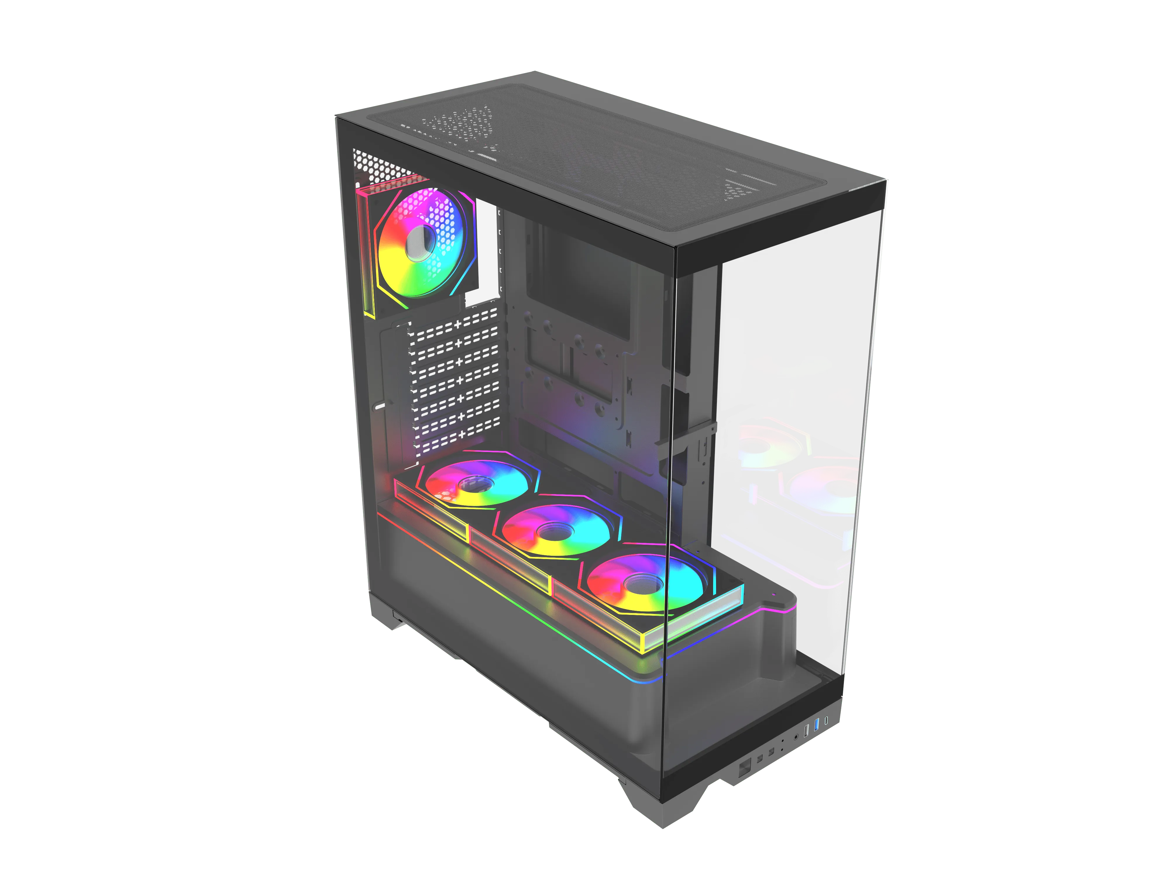 Siyah arka plan önünde dört parlayan RGB fanlı ve file üst kısımlı siyah cam PC kasası.