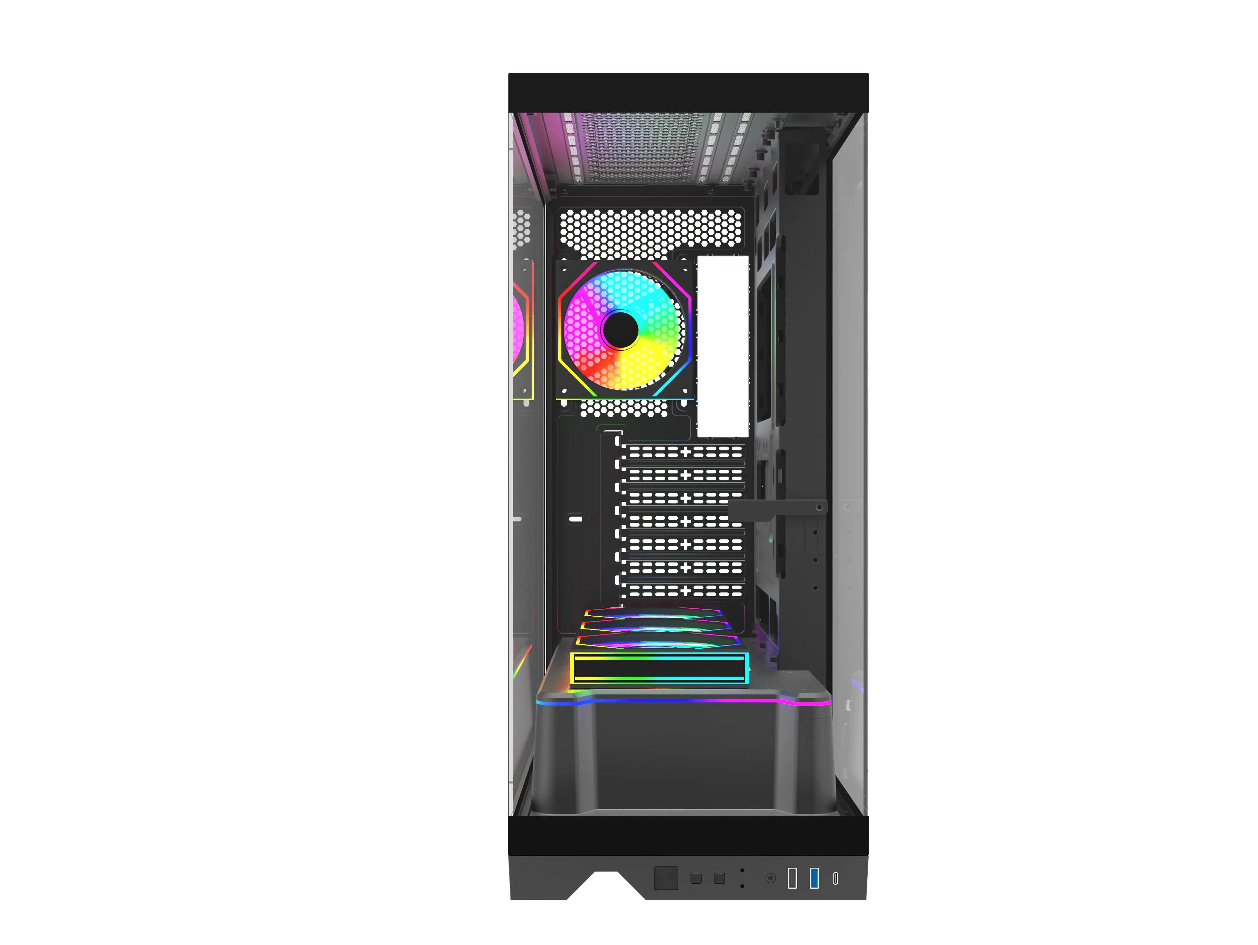 Cam yanlı, içi ışıklı RGB fanlı ve alt bağlantı noktalı siyah bilgisayar kasası, düz siyah arka plan önünde.