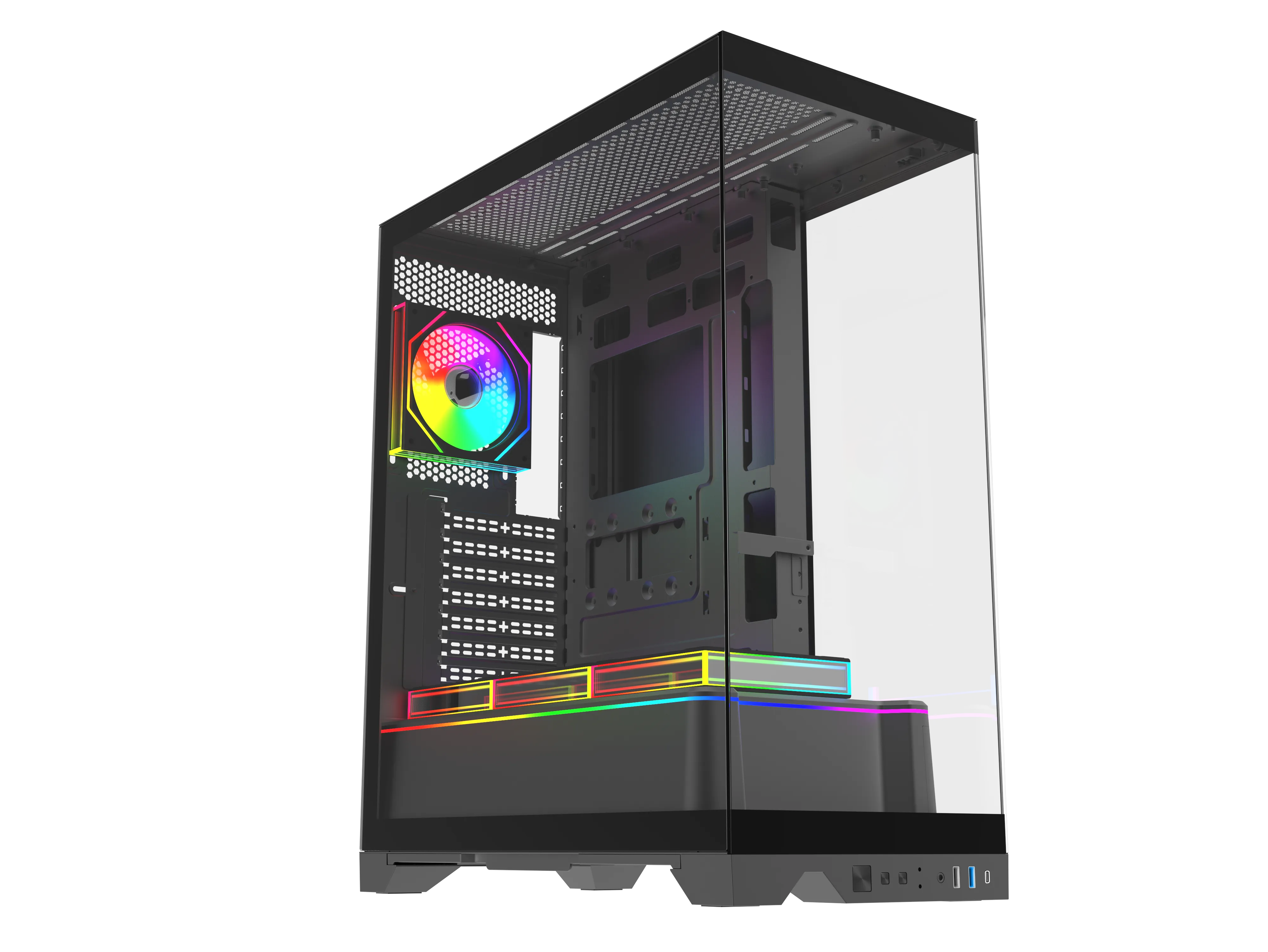 Siyah arka plan üzerinde cam ön kısma, renkli RGB fanlara ve şeritlere sahip siyah bilgisayar kasası.