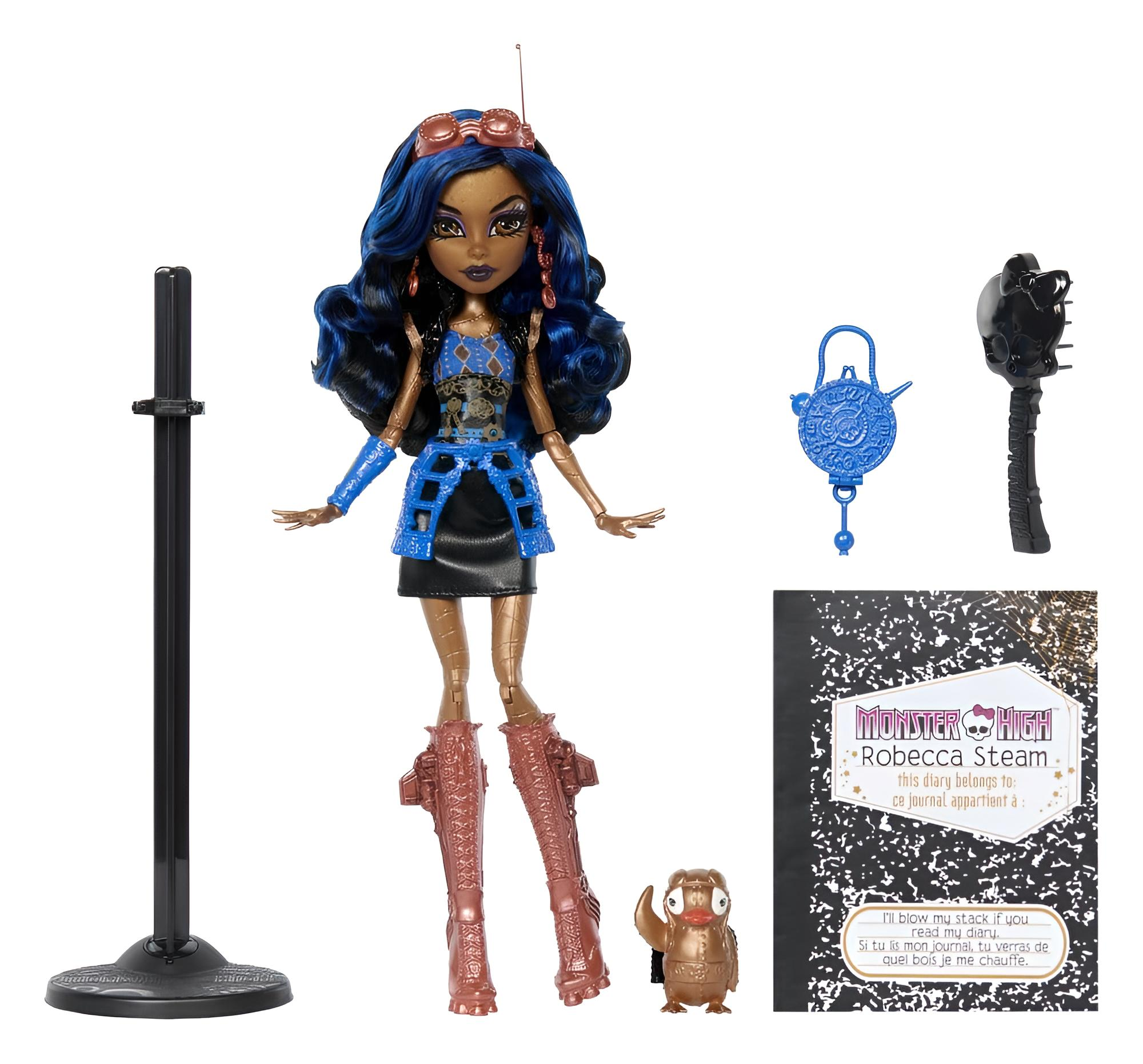 Muñeca Monster High Robecca Steam con pelo azul, detalles mecánicos, soporte, mascota, cepillo y diario.