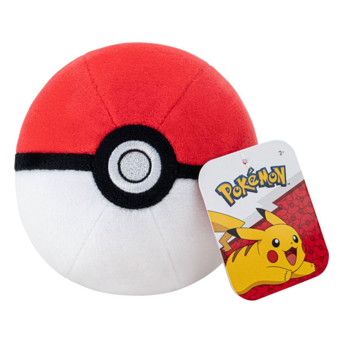 Ein roter und weißer Plüsch-Pokéball mit Pikachu-Etikett vor weißem Hintergrund.