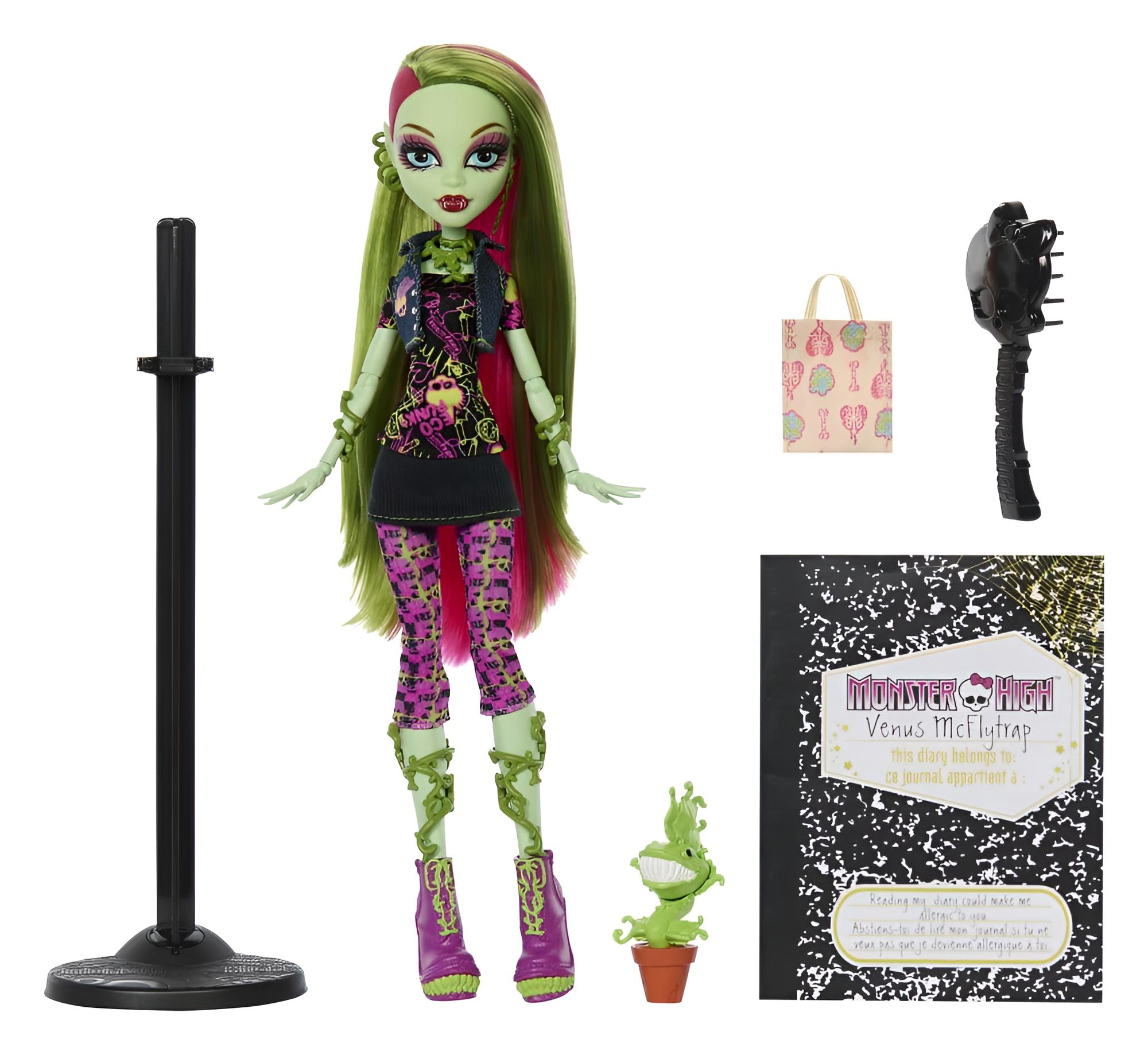 Monster High Venus McFlytrap Puppe mit grünen Haaren, Zubehör, kleiner Pflanze und Ständer auf weißem Hintergrund.