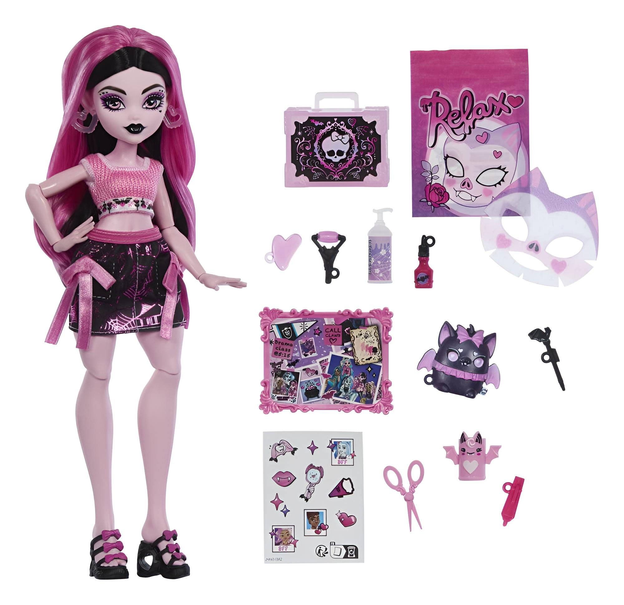 Rosa-schwarze Monster High Puppe mit pinken Haaren und vielen passenden Accessoires.