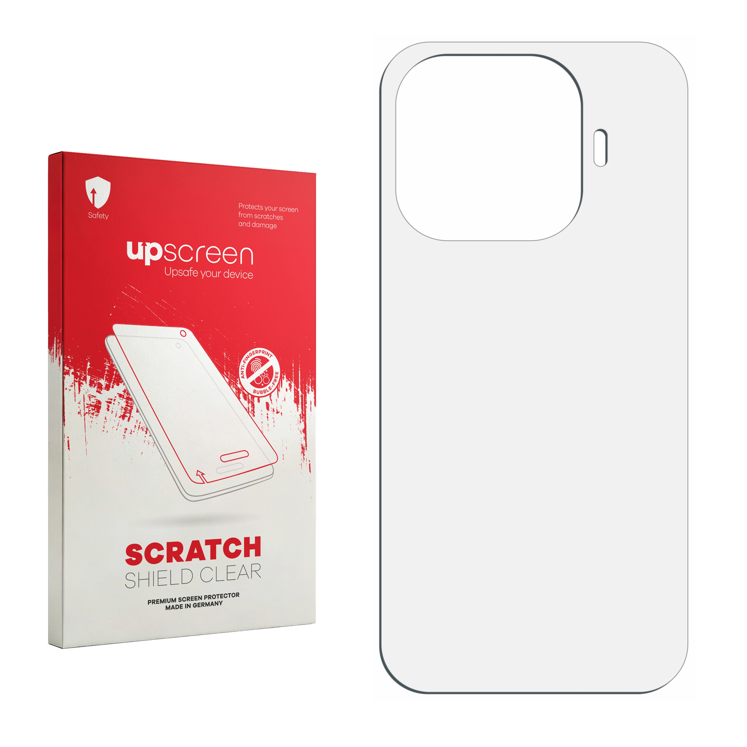 Eine upScreen Kratzschutzfolie mit roter Verpackung auf weißem Hintergrund.