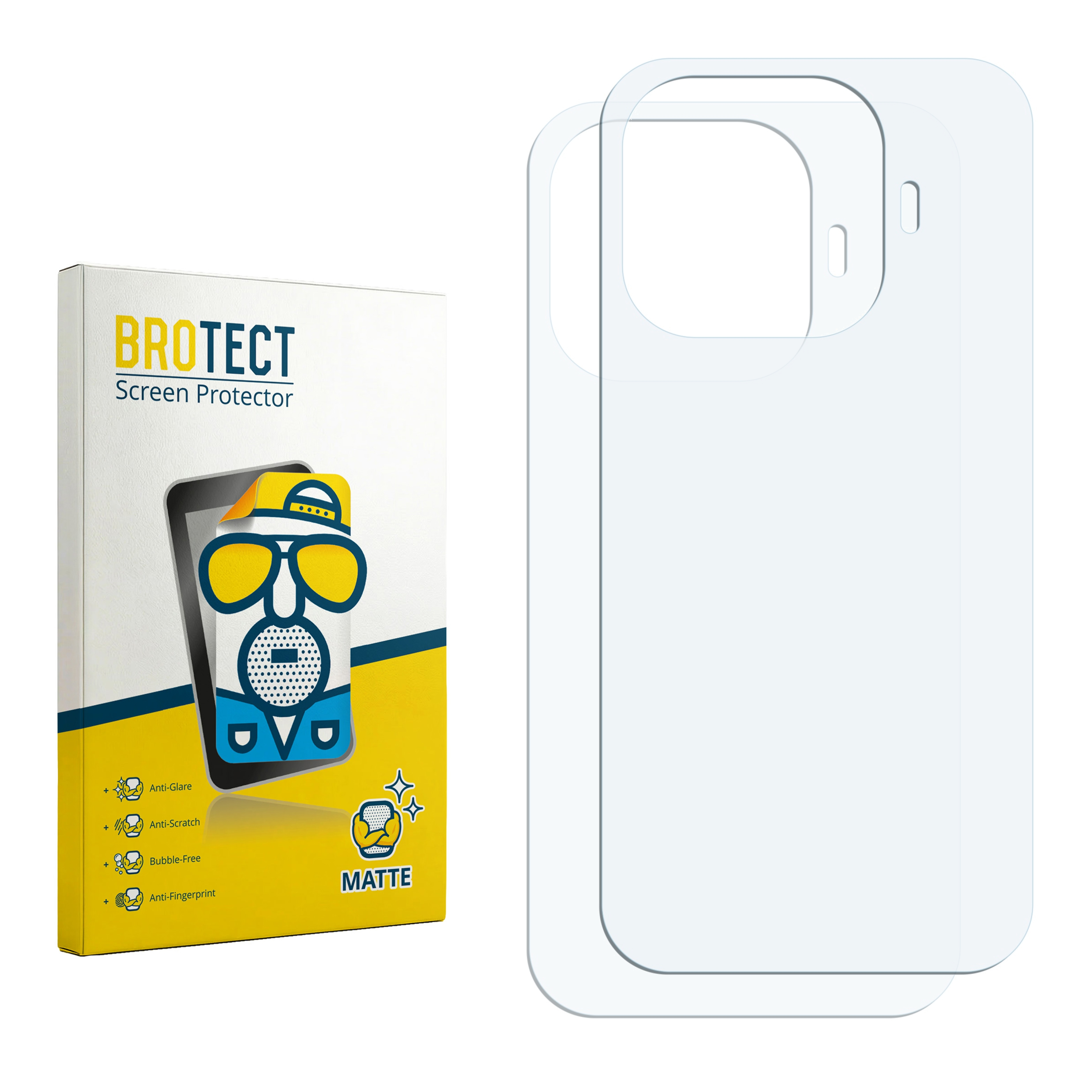 BROTECT Matte Displayschutzfolie Verpackung neben zwei klaren Schutzfolien mit Ausschnitten.