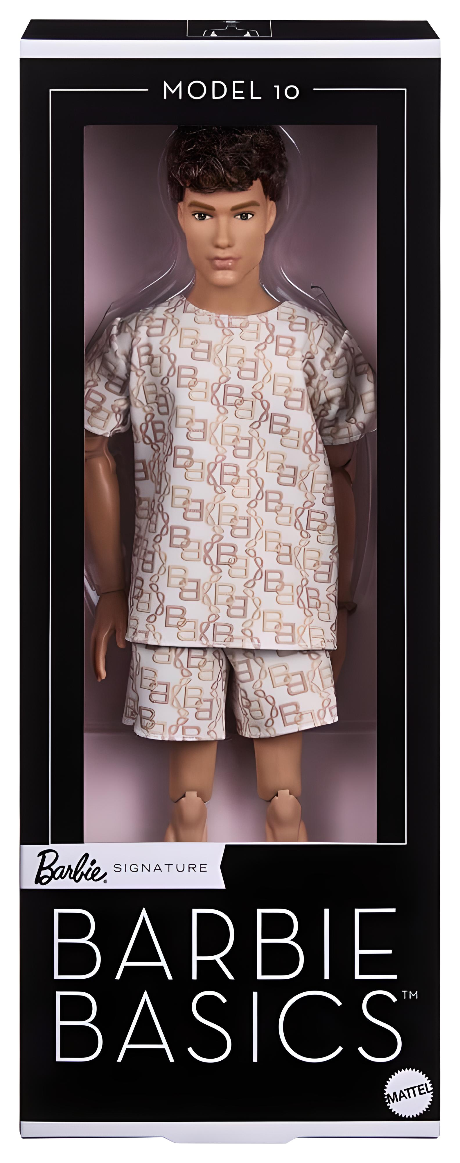 Modell 10 Barbie Basics Männliche Puppe mit braunem Haar im gemusterten Pyjama in schwarzer Verpackung.