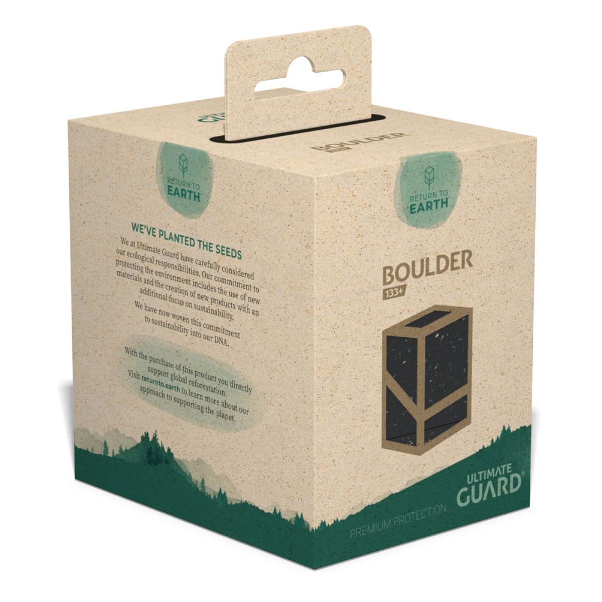 Emballage de produit recyclé avec logo vert et illustration de boîte noire sur fond beige.