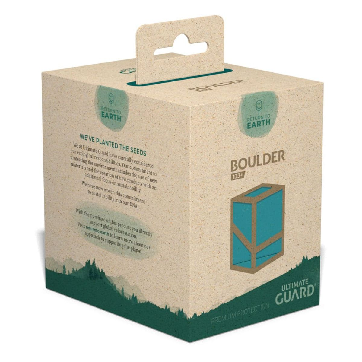 Boîte en carton écologique avec texte et languette de suspension, décorée de silhouettes de forêts.
