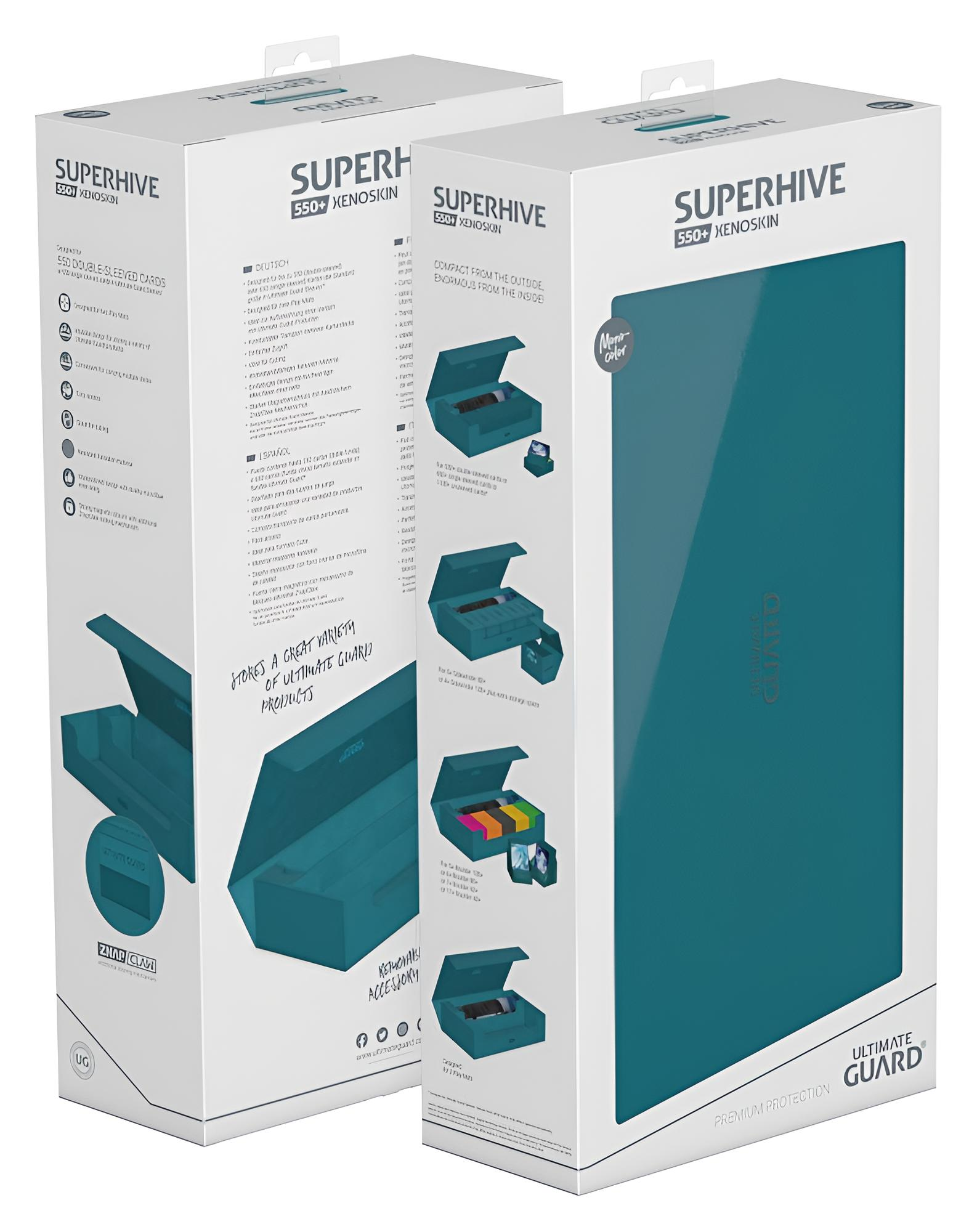 Deux boîtes d'emballage blanches pour le Superhive 550+ Xenoskin avec des accents vert sarcelle.