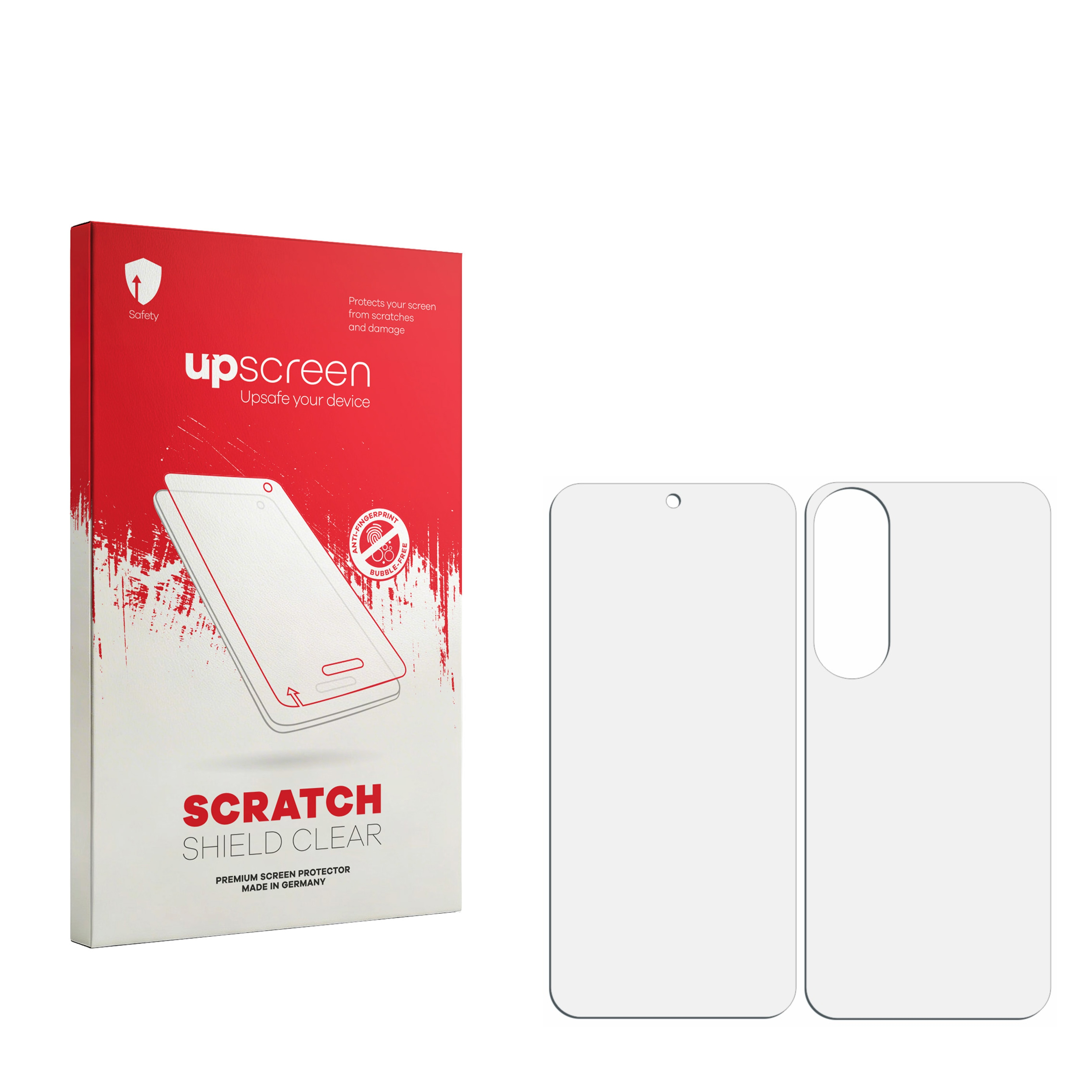 Upscreen Scratch Shield Clear Verpackung mit zwei transparenten Schutzfolien auf weißem Hintergrund.