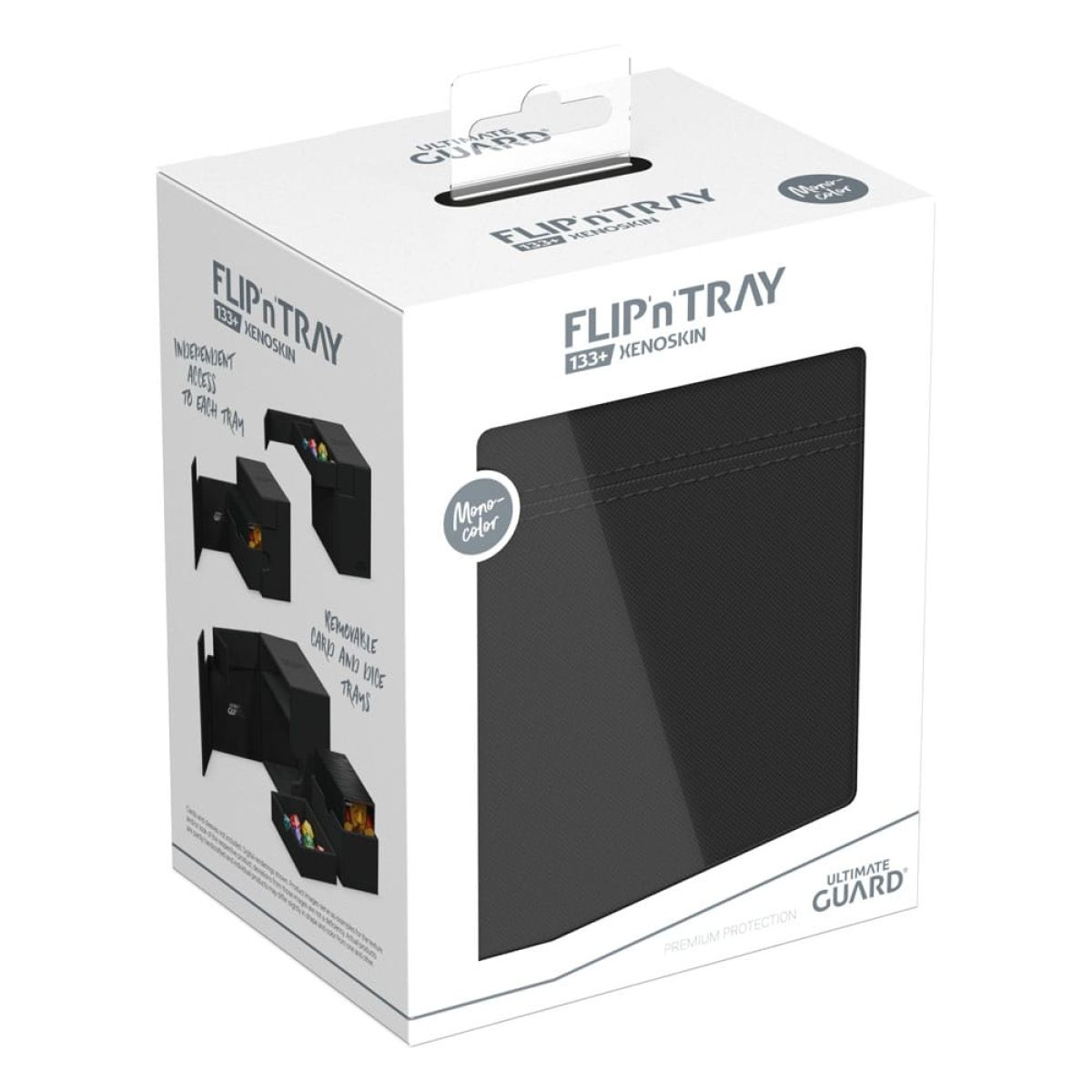 Emballage blanc pour un étui à cartes noir Flip'n'Tray 133+ Xenoskin avec languette.