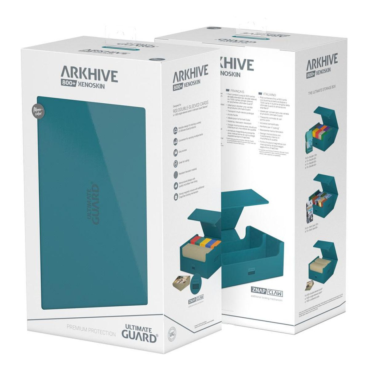 Deux boîtes d'emballage blanches pour la boîte de cartes Ultimate Guard Arkhive 800+ Xenoskin sur fond blanc.