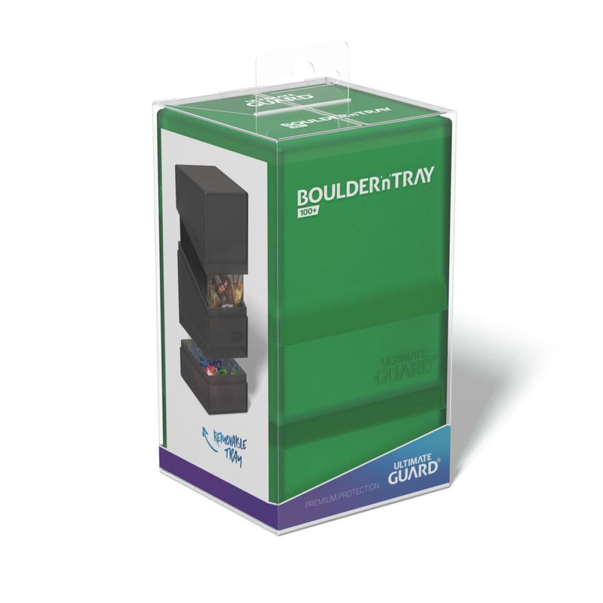 Une boîte de deck verte Boulder n Tray 100+ d'Ultimate Guard dans son emballage transparent.