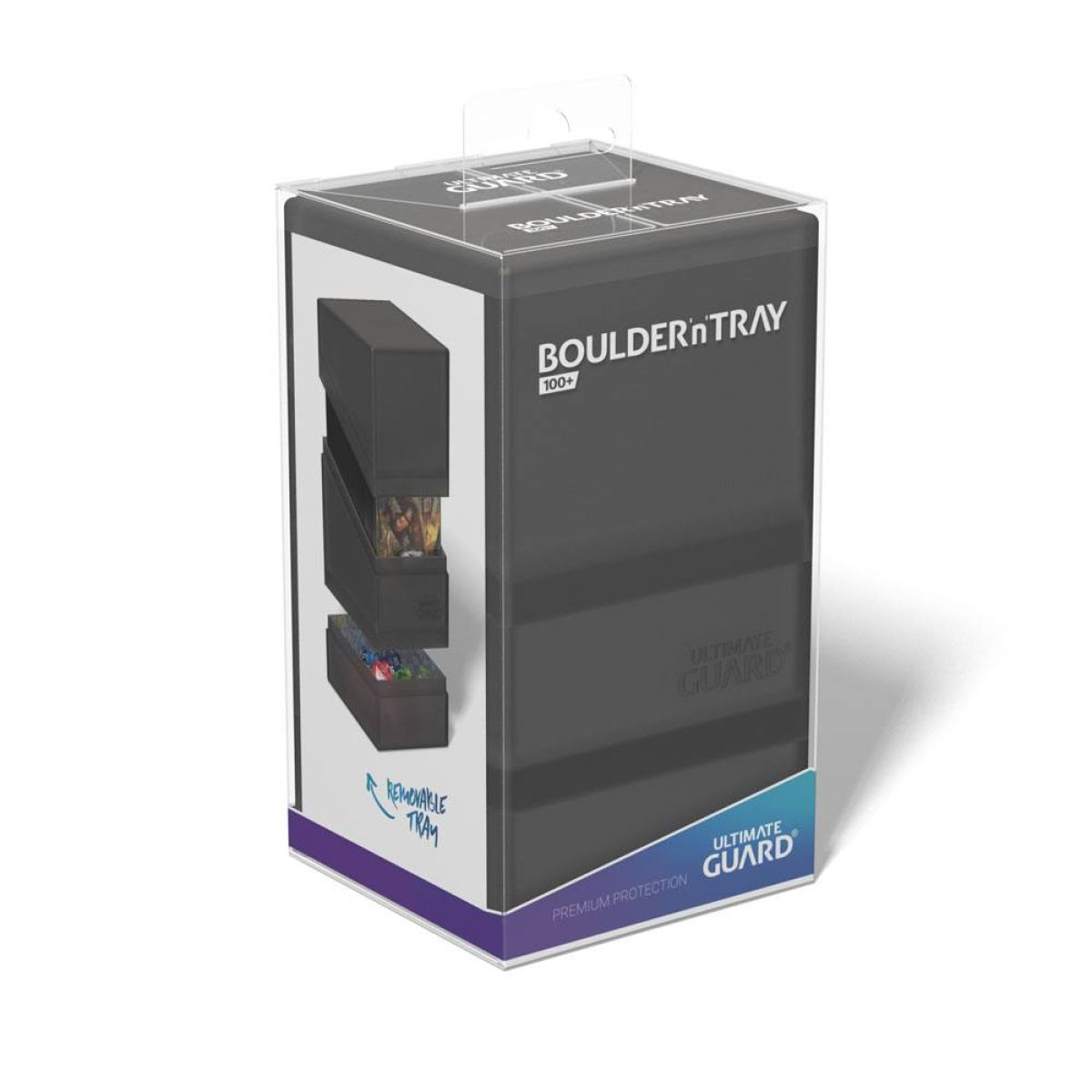 Boîte de deck Boulder n Tray 100+ Ultimate Guard noire dans un emballage de présentation en plastique transparent.