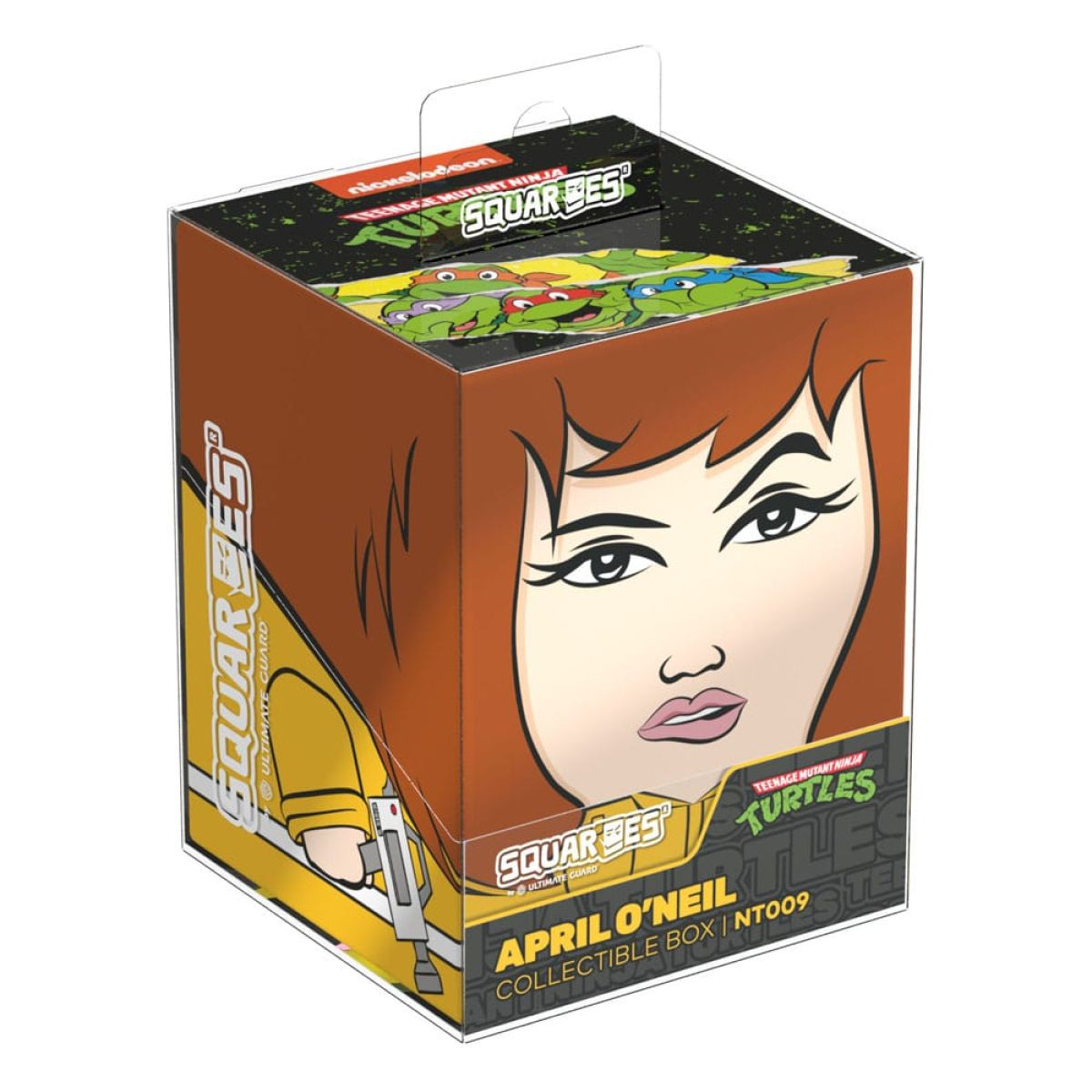 Une boîte de collection représentant April O'Neil des Tortues Ninja, avec une illustration de personnage sur le côté.