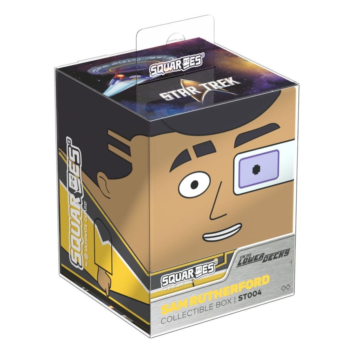 Boîte de collection SQUARESI Star Trek avec Sam Rutherford en jaune et noir.