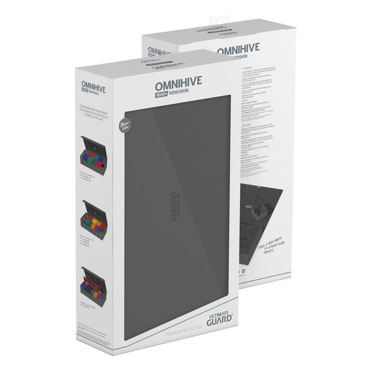 Deux boîtes de produits blanches Ultimate Guard Omnihive avec un étui noir.