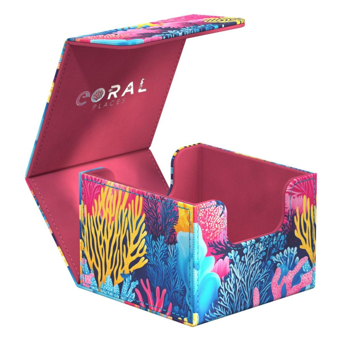 Eine geöffnete rosa Box mit bunten Korallenmotiven und dem Schriftzug CORAL PLACES auf der Innenseite.