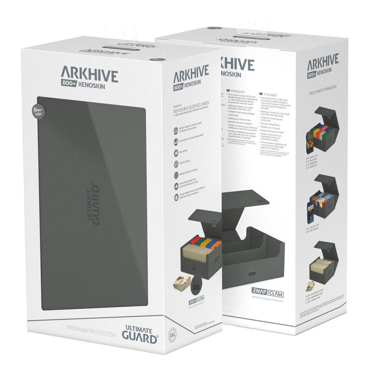 Deux boîtes de rangement de cartes Ultimate Guard Arkhive 800+ Xenoskin grises sur fond blanc.