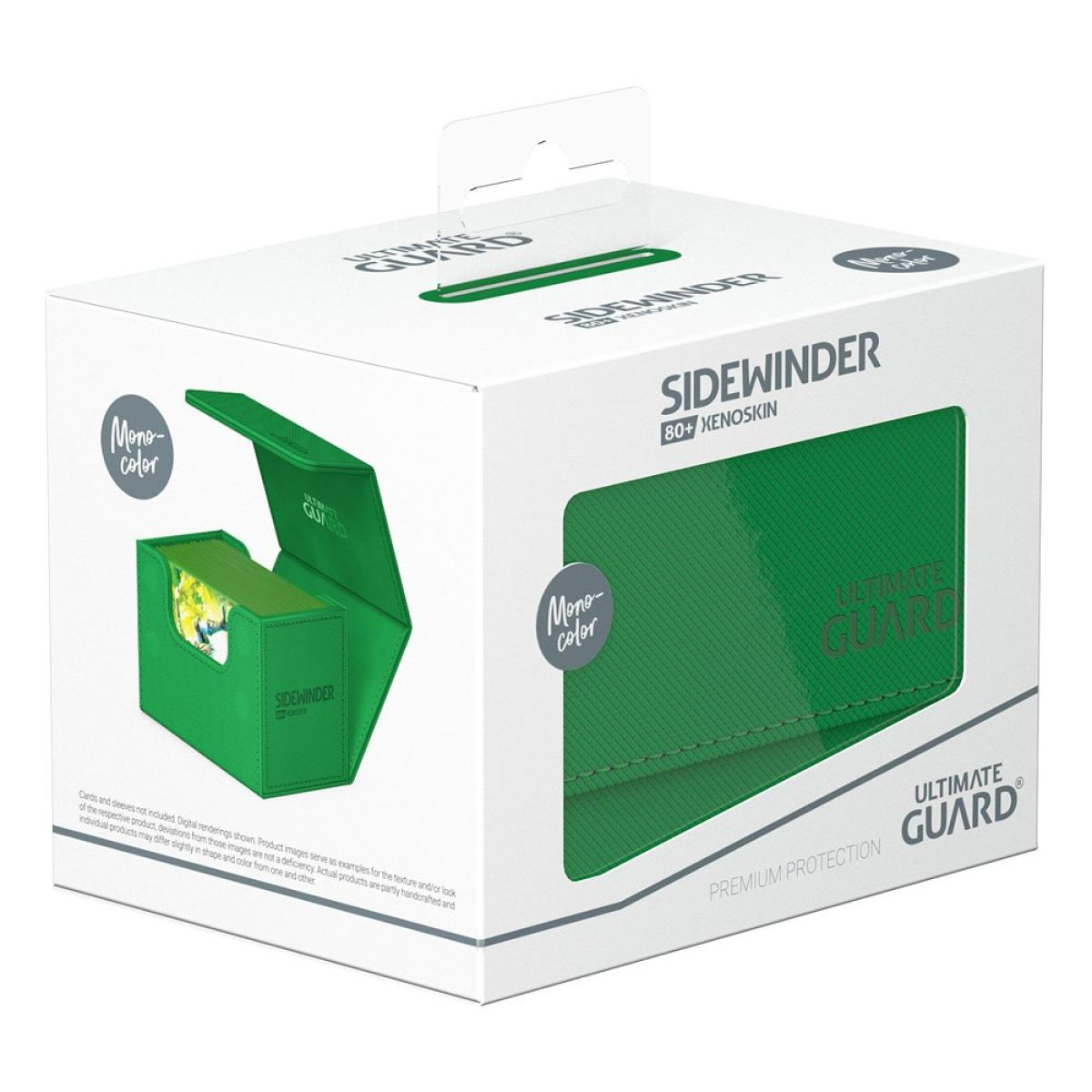 Une boîte de produit blanche montrant un étui de deck vert Ultimate Guard Sidewinder 80+ Xenoskin.