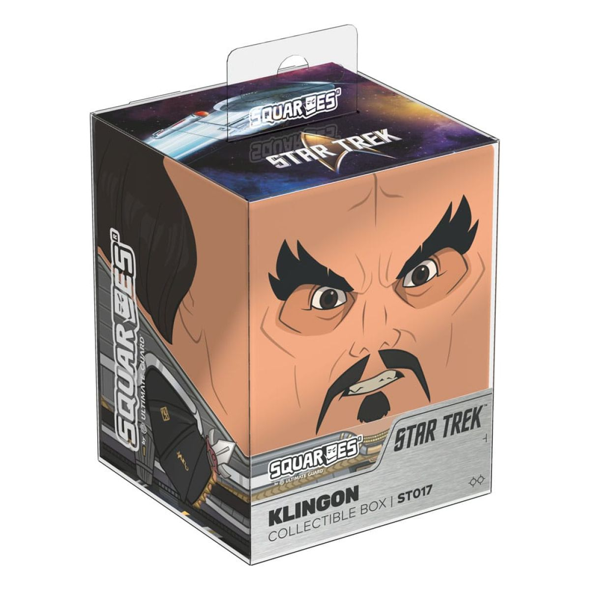 Une boîte de collection Star Trek Klingon Squaryes avec des illustrations d'un visage Klingon sévère.