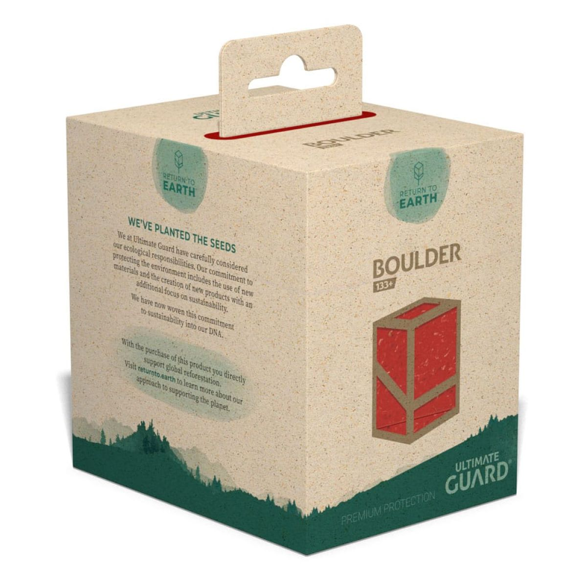 Boîte en carton recyclable avec image de produit rouge et silhouette de forêt.