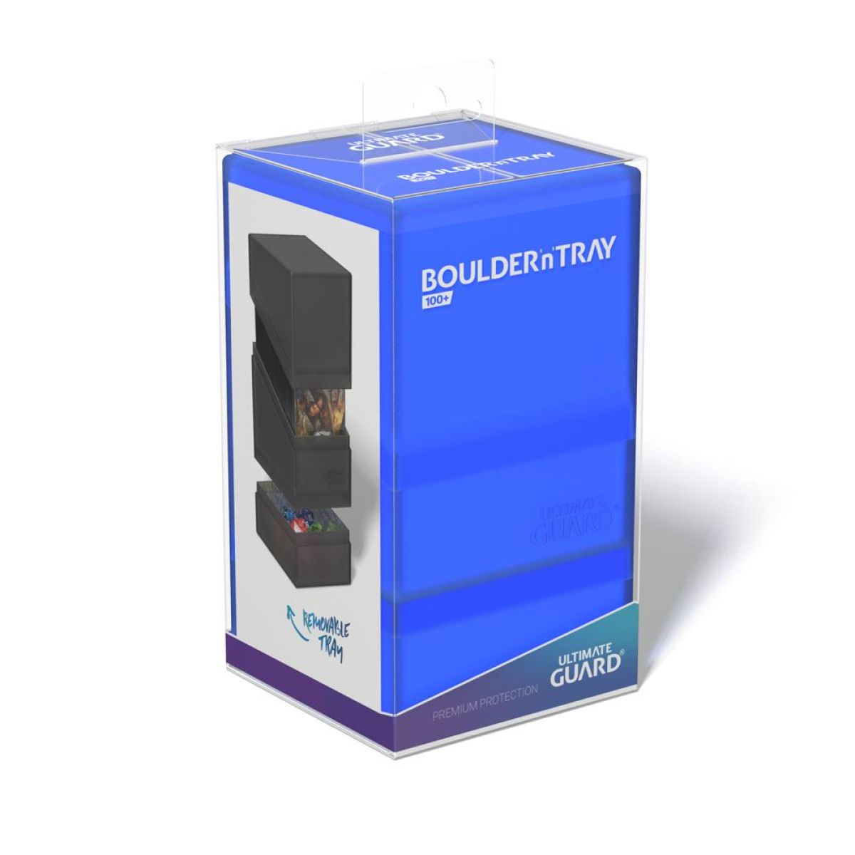 Boîte de deck bleue Boulder'n'Tray 100+ dans un emballage transparent montrant une boîte noire et des accessoires.