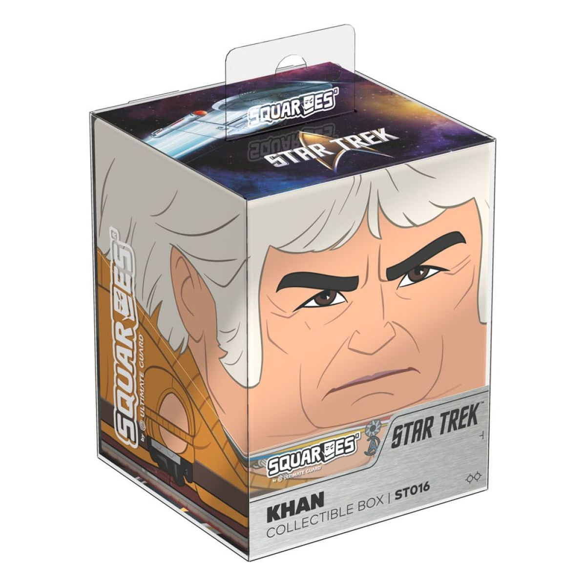 Scatola da collezione Squarees Star Trek Khan con un volto illustrato di Khan con capelli bianchi su sfondo bianco.