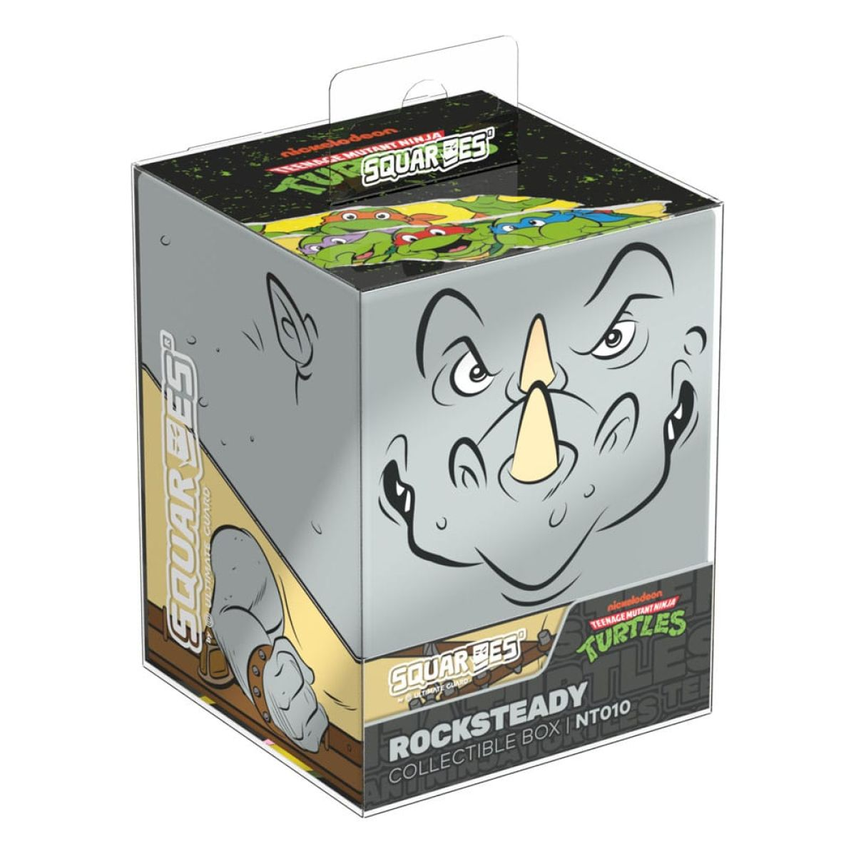 Quadratische Rocksteady Sammelbox im TMNT-Design mit Grautönen.