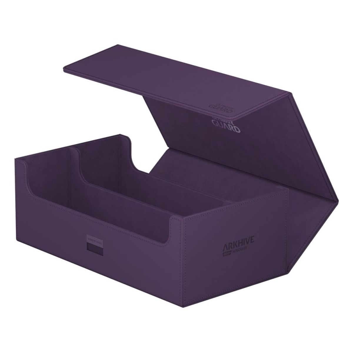 Une boîte de rangement pour cartes violette en similicuir avec couvercle incliné et compartiments.
