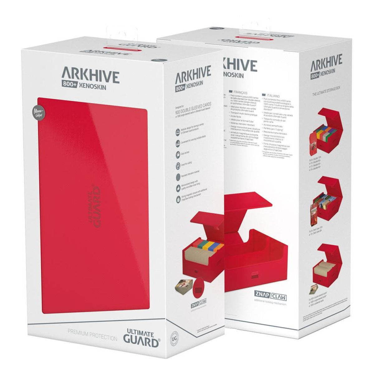 Deux boîtes de produits blanches pour une boîte de rangement rouge Ultimate Guard Arkhive 800+ Xenoskin sur fond blanc.