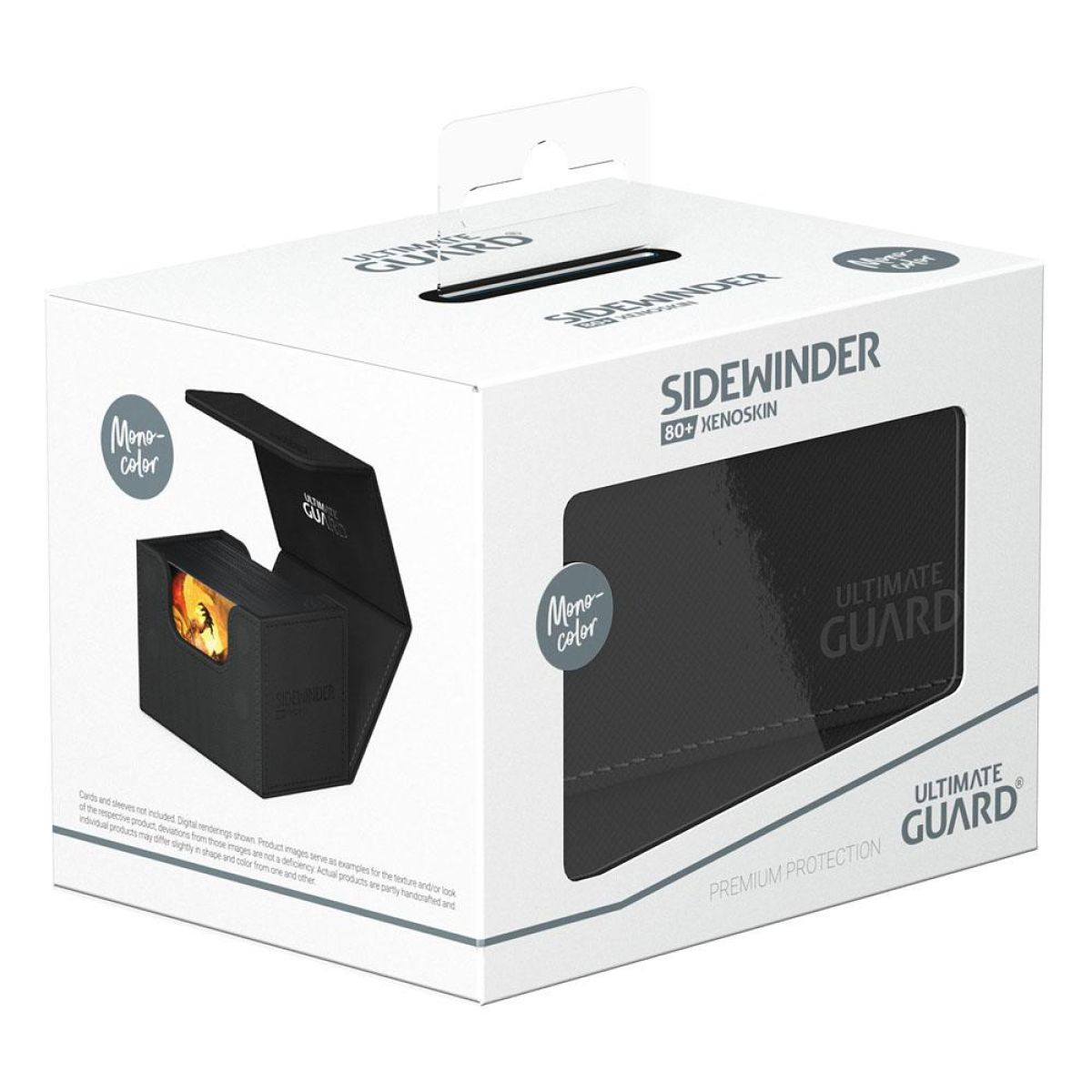 Boîte de produit blanche pour une boîte de cartes noire Ultimate Guard Sidewinder 80+ Xenoskin.