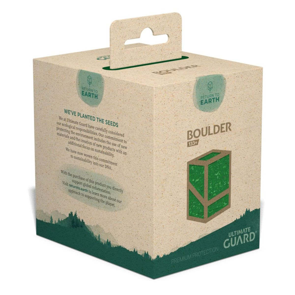Une boîte en carton écologique beige avec du texte vert et des graphismes d'arbres, étiquetée Ultimate Guard Boulder 133+.