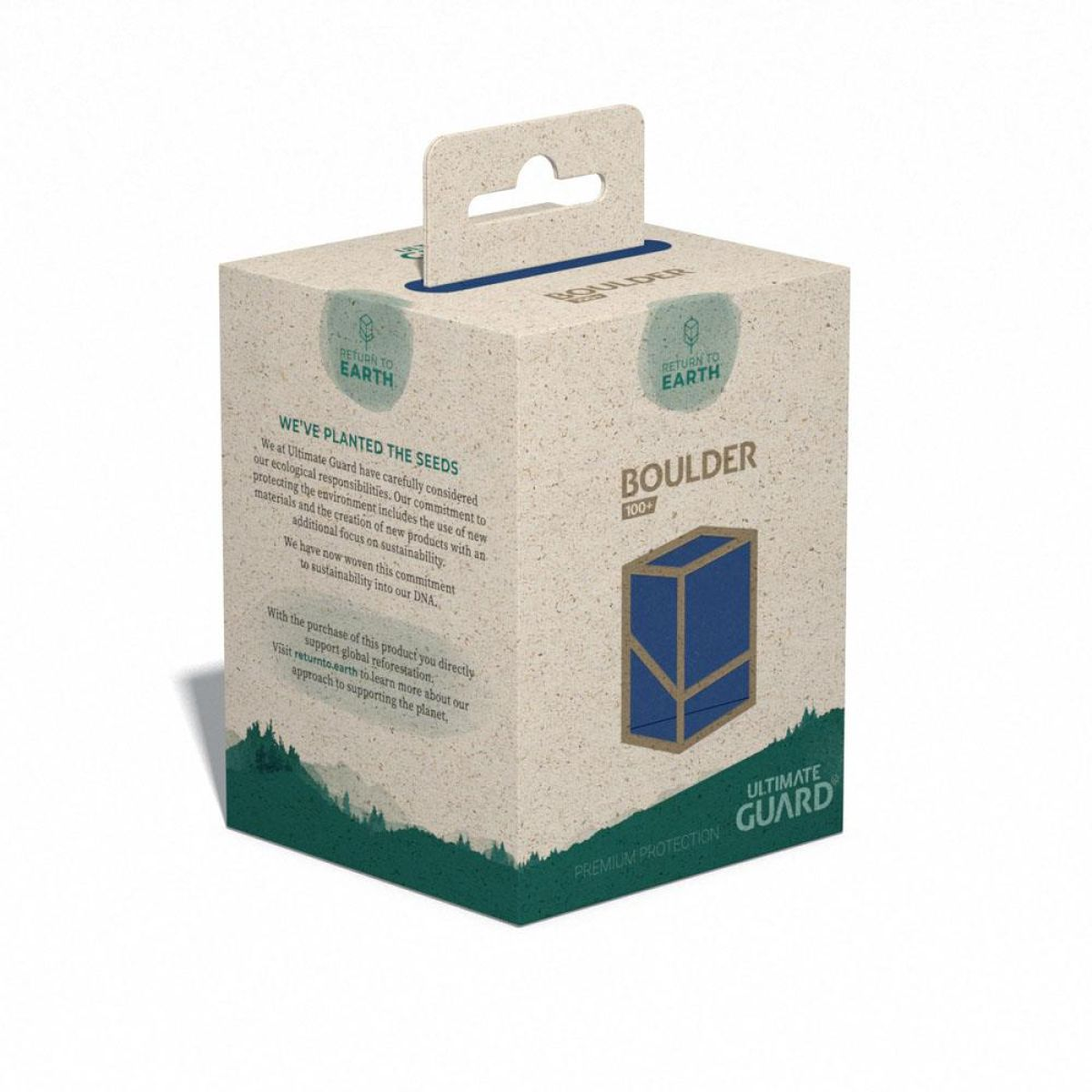 Boîte en carton recyclé avec logos verts, texte et illustration d'une boîte de deck bleue Boulder 100+.