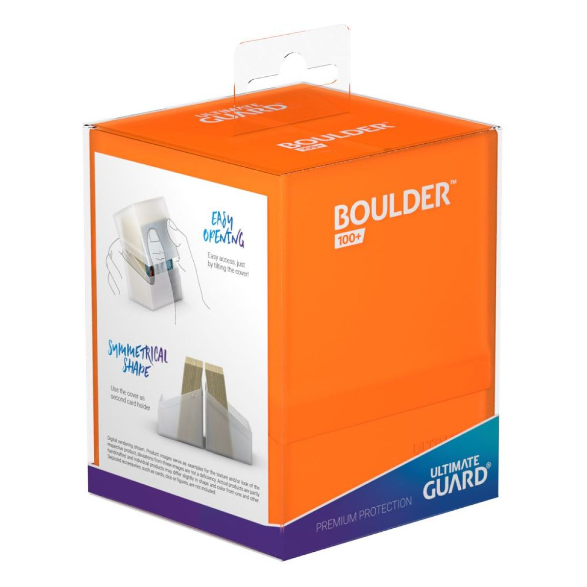 Une boîte de deck orange Ultimate Guard Boulder 100+ dans son emballage avec des graphismes sur fond blanc.