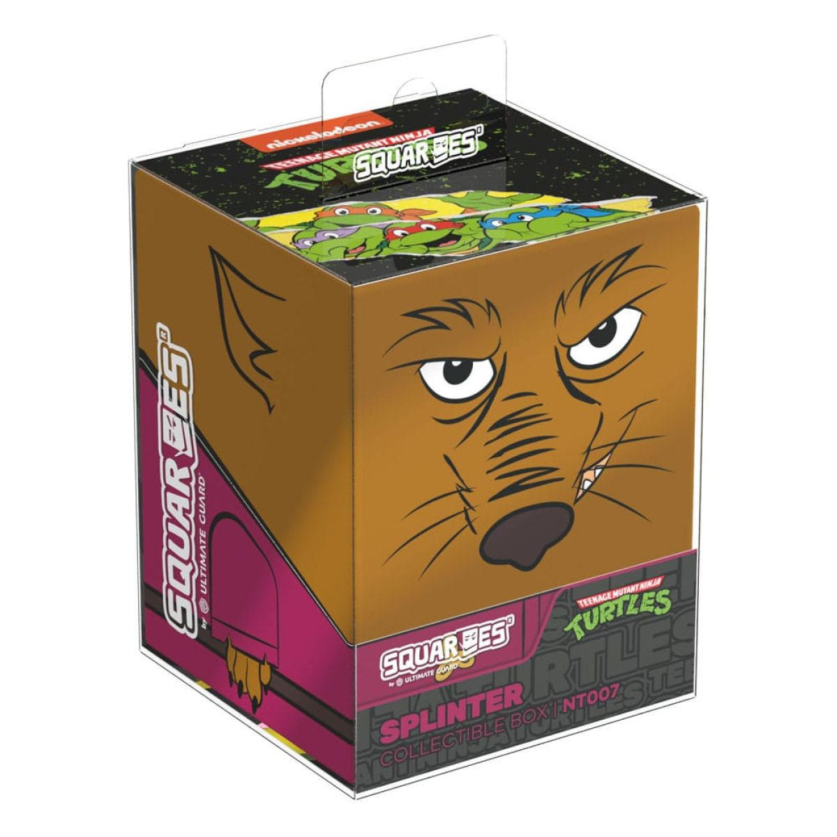 Une boîte en carton représentant le visage de Maître Splinter des Tortues Ninja.