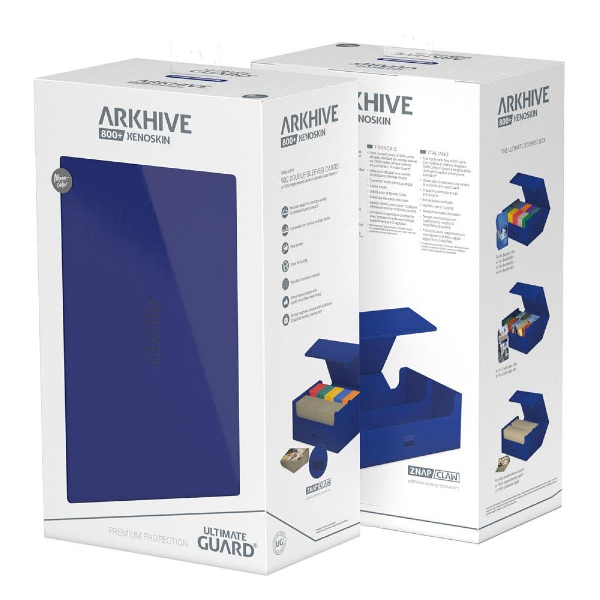 Deux boîtes d'emballage blanches pour boîtes de cartes bleues Ultimate Guard Arkhive 800+ Xenoskin sur fond blanc.