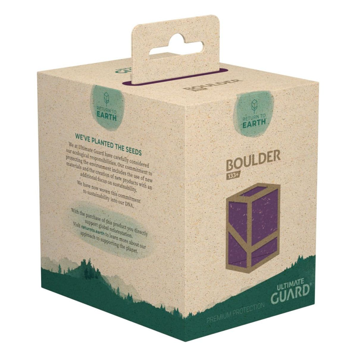 Boîte en carton éco-responsable avec languette de suspension, design de forêt verte et texte.