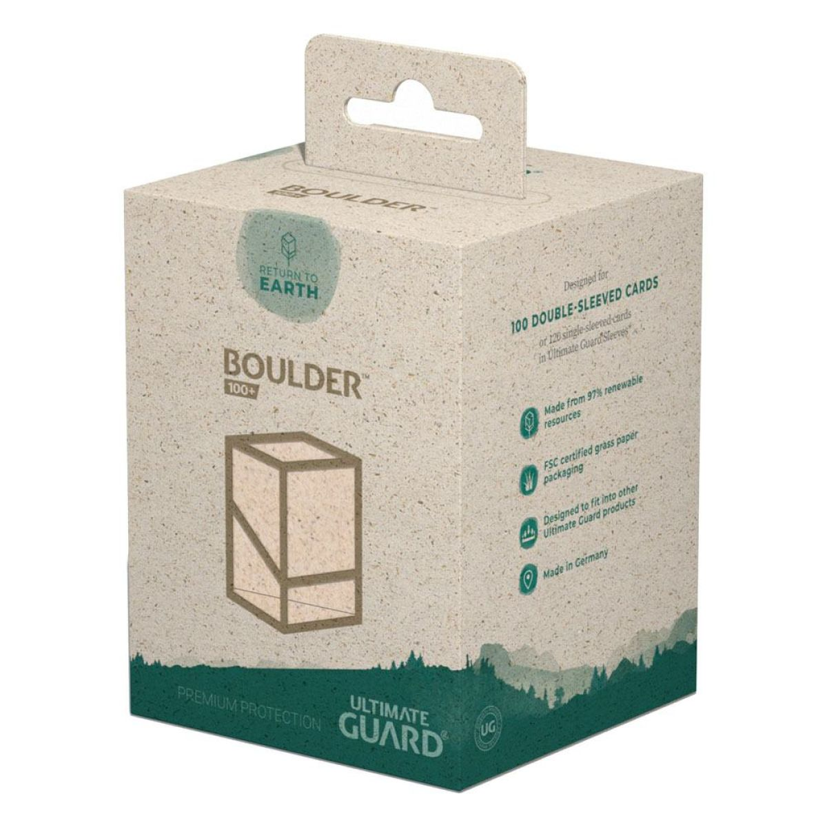 Boîte de cartes en papier d'herbe beige clair avec graphismes verts, texte 'Boulder 100+' et languette.