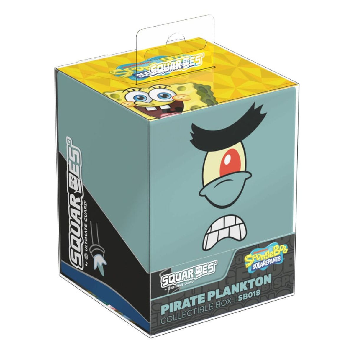 SpongeBob-Sammelbox mit Plankton-Motiv in Blau und Schwarz, mit Logo und transparentem Plastikdeckel.