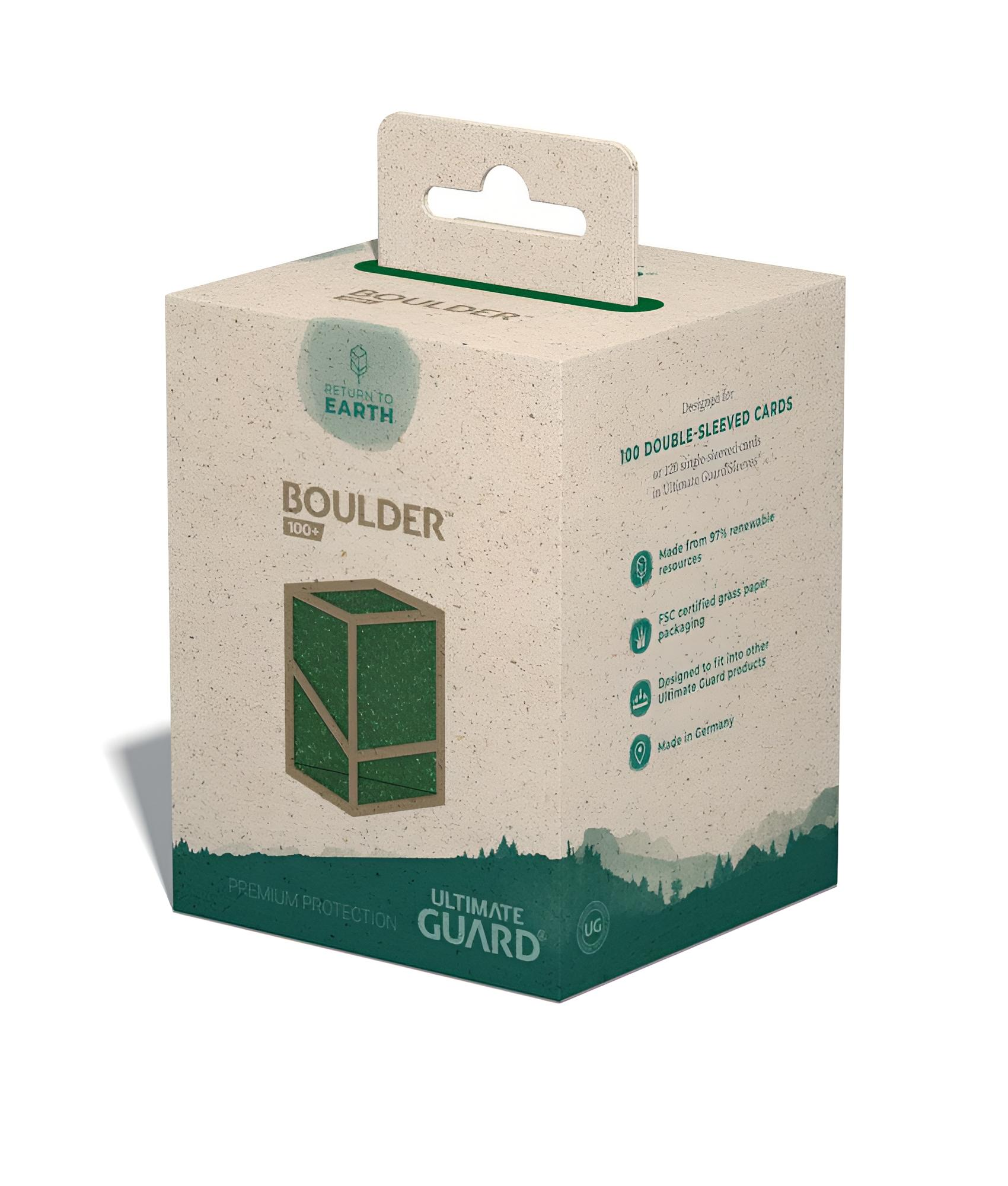 Emballage en carton écologique pour jeux de cartes avec design de nature verte et crochet.
