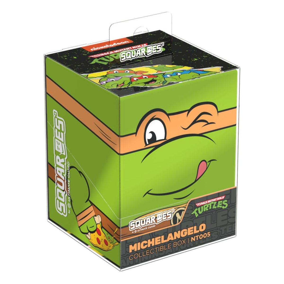 Boîte de collection verte TMNT Michelangelo avec son visage, son masque orange et une part de pizza.