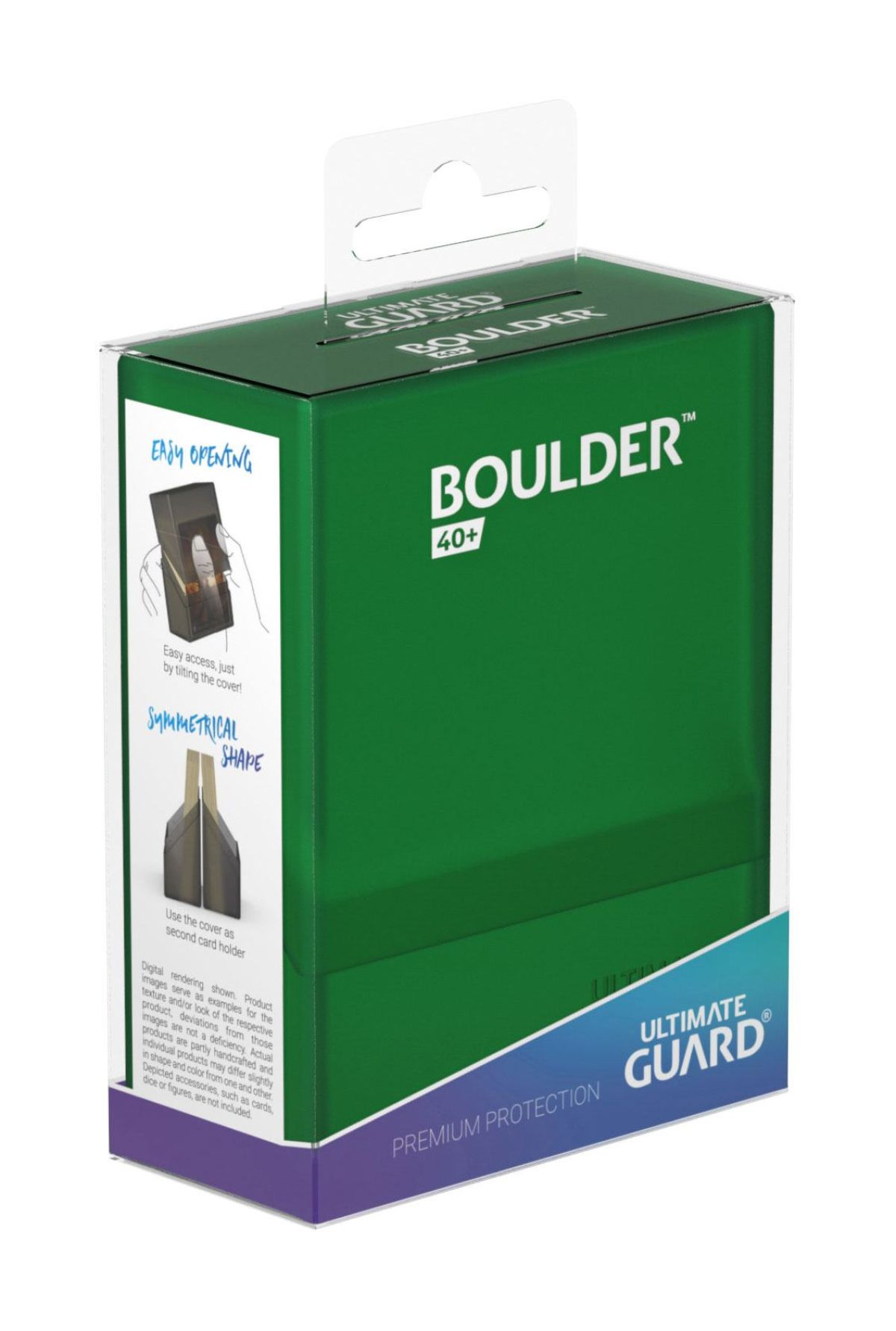 Une boîte de deck verte Ultimate Guard Boulder 40+ dans son emballage sur fond blanc.