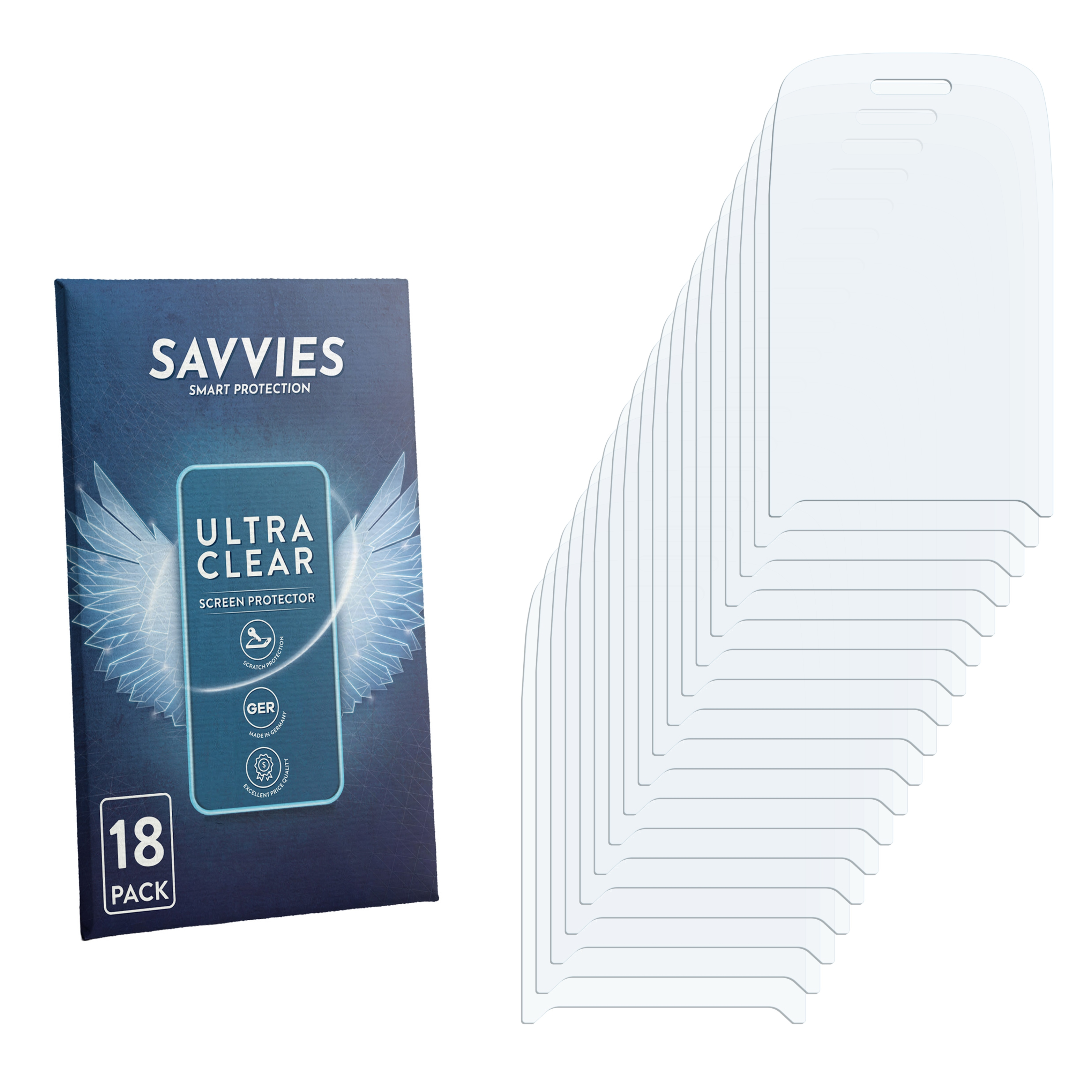 Savvies Ultra Clear Displayschutzfolien 18er-Pack mit blauer Verpackung und gestapelten Folien rechts.