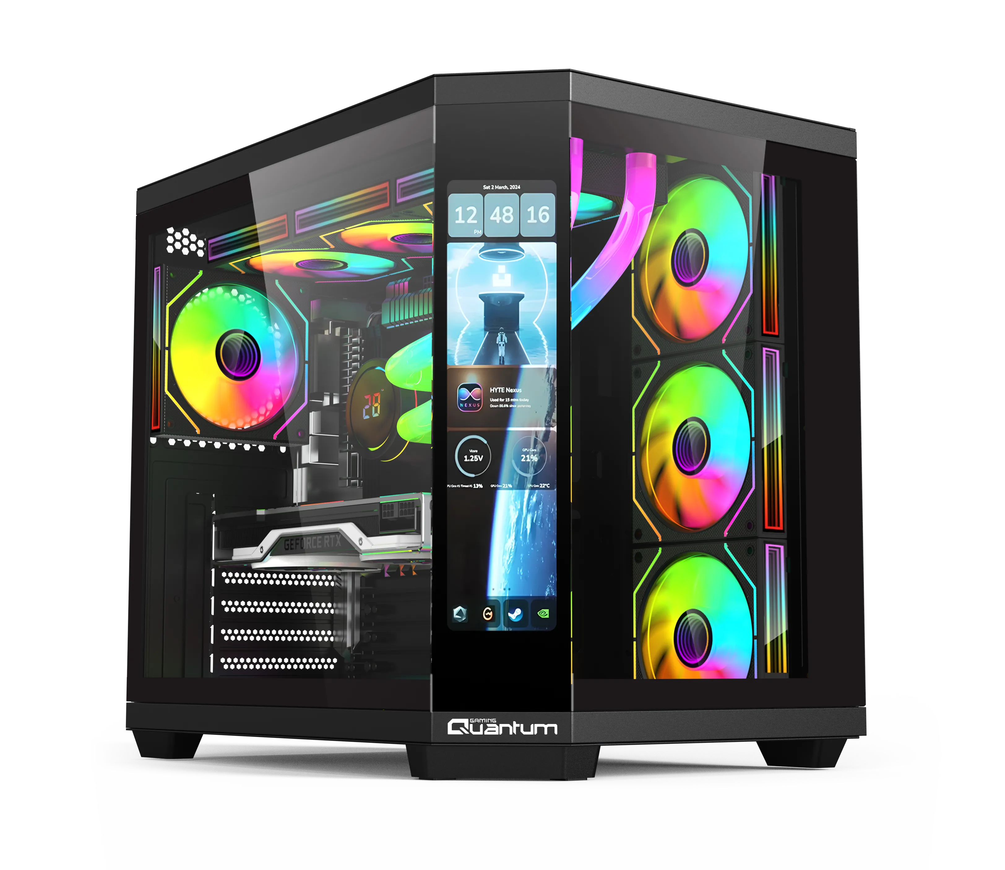 Renkli RGB fanlara ve sistem bilgilerini gösteren entegre ön ekrana sahip siyah oyuncu kasası.