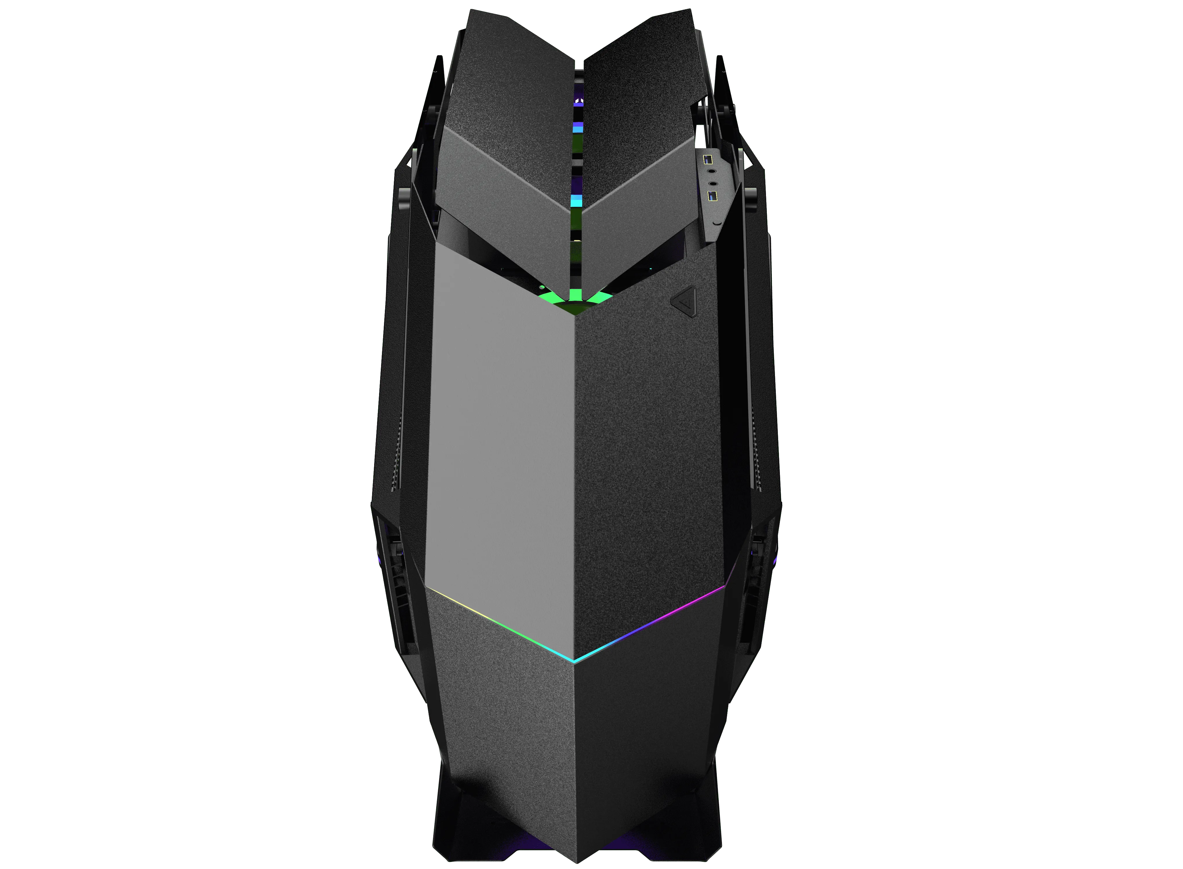 Siyah arka plan üzerinde açılı panellere, RGB aydınlatmaya ve USB bağlantı noktalarına sahip fütüristik siyah bir PC kasası.