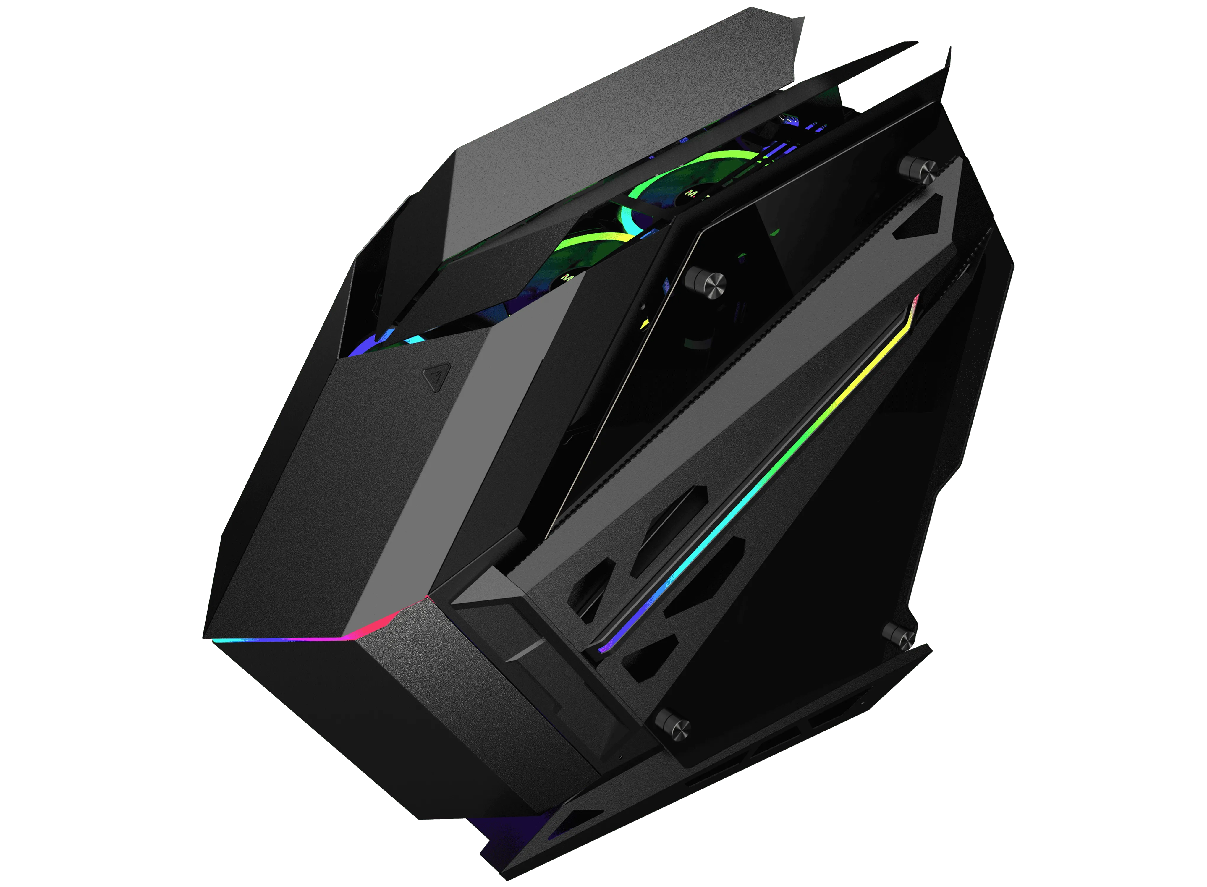 Siyah arka plan üzerinde fütüristik tasarıma sahip siyah bir PC kasası ve renkli LED ışıklar.