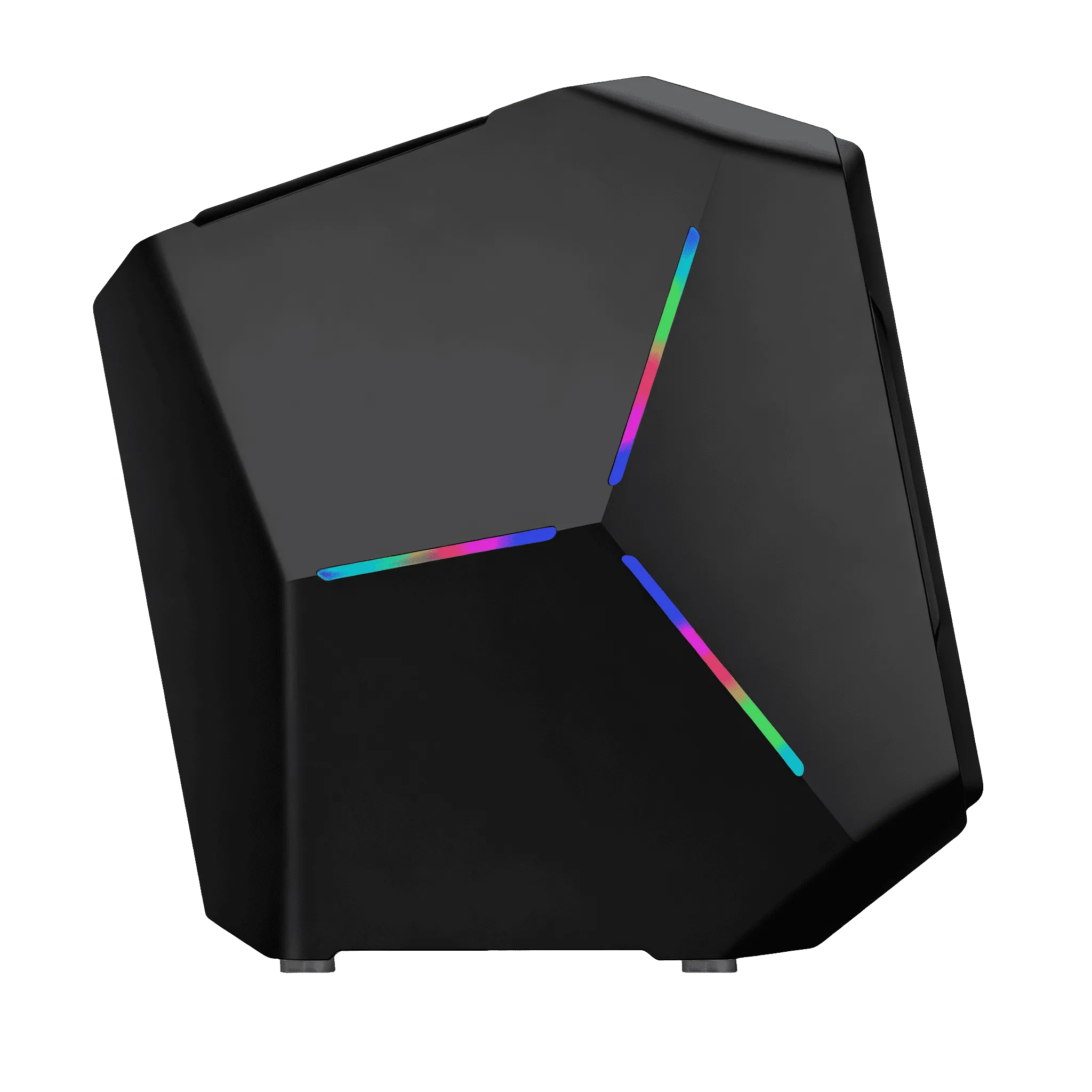 Kose tasarimli siyah bir bilgisayar kasasi ve onunde uc renkli RGB isik seridi.